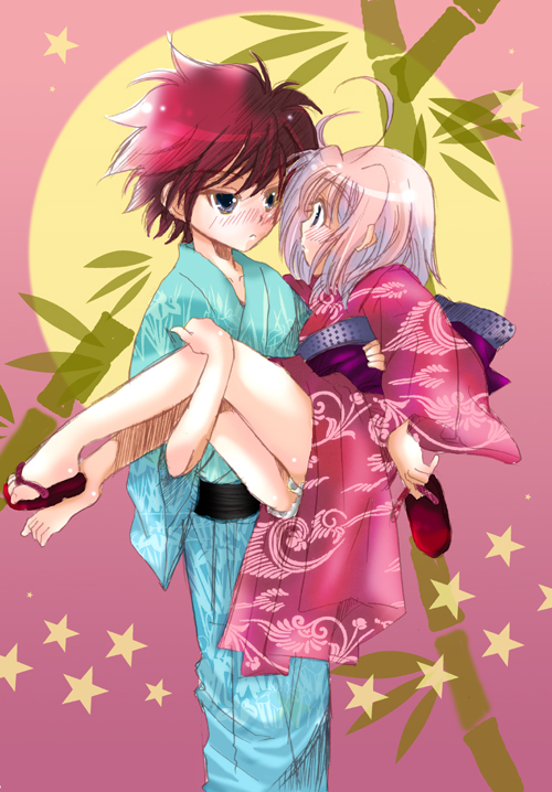 hina sasaki, caro ru lushe, erio mondial, lyrical nanoha, mahou shoujo lyrical nanoha, mahou shoujo lyrical nanoha strikers, 00s, 1boy, 1girl, blush, carrying, clog sandals, japanese clothes, princess carry, sandals, zouri
