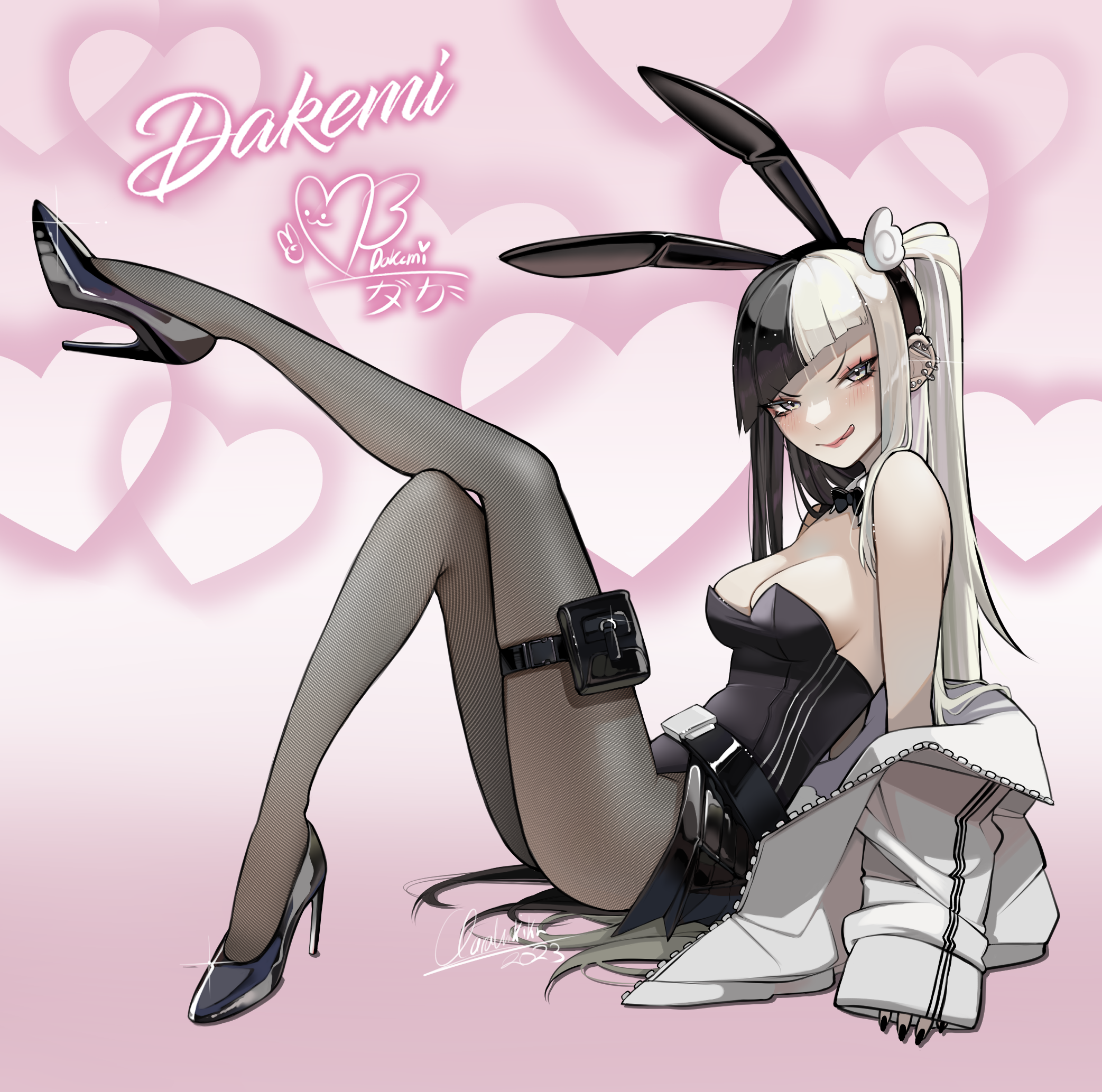 dakemichan, original, commentary, highres, 1girl, animal ear hairband, animal ears, arm support, belt, black bow, black bowtie, black hair, black leotard, black pantyhose, black shoes, bow, bowtie, breasts, crossed legs, detached collar, ear piercing, fake animal ears, from side, hairband, high heels, jacket, knee up, leg up, leotard, looking at viewer, multicolored hair, pantyhose, piercing, pink background, playboy bunny, rabbit ear hairband, rabbit ears, shoes, solo, thigh belt, thigh strap, tongue, tongue out, two-tone hair, white hair, white jacket