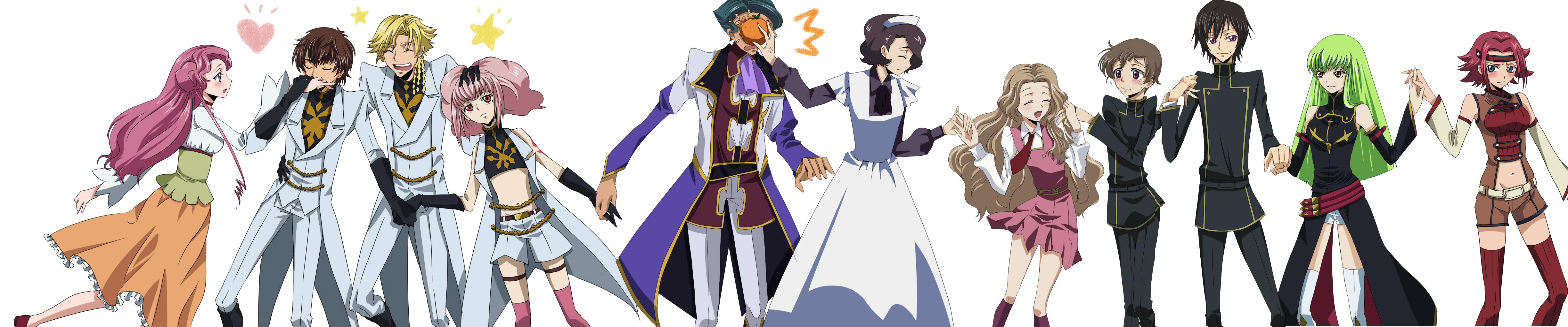 freckle, furekuru (freckle), anya alstreim, c.c., euphemia li britannia, gino weinberg, jeremiah gottwald, kouzuki kallen, kururugi suzaku, lelouch vi britannia, nunnally vi britannia, rolo lamperouge, shinozaki sayoko, code geass, absurdres, highres, jpeg artifacts, long image, wide image, 00s, 5boys, 6+girls, food, fruit, holding hands, long hair, multiple boys, multiple girls, orange (fruit), thighhighs, very long hair