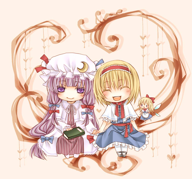 shiratama (mofutto), yuru, alice margatroid, patchouli knowledge, shanghai doll, touhou, 2girls, :d, blonde hair, blush, book, chibi, doll, female focus, full body, grimoire, hat, heart, holding, holding book, long hair, looking at viewer, mob cap, multiple girls, open mouth, purple eyes, purple hair, short hair, size difference, smile, very long hair
