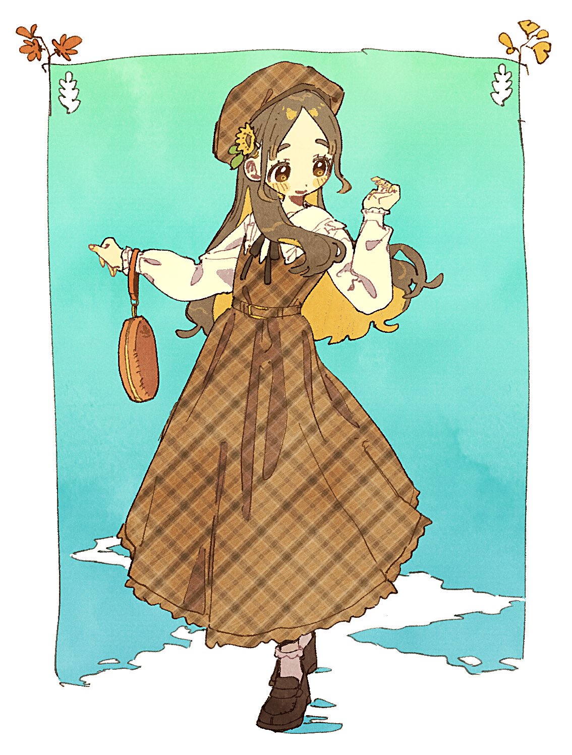 nama udon, kuramoto china, gakuen idolmaster, idolmaster, highres, 1girl, :d, bag, belt, blonde hair, blue background, blush stickers, brown dress, brown eyes, brown hair, brown hat, brown ribbon, brown shoes, colored inner hair, dot nose, dress, dress ribbon, flower, forehead, frilled dress, frills, gradient background, green background, hair flower, hair ornament, hands up, hat, holding, holding bag, long dress, long hair, long sleeves, multicolored hair, open mouth, outdoors, parted bangs, plaid clothes, plaid dress, plaid hat, ribbon, shoes, smile, socks, solo, standing, sunflower, two-tone hair, walking, white socks, yellow flower