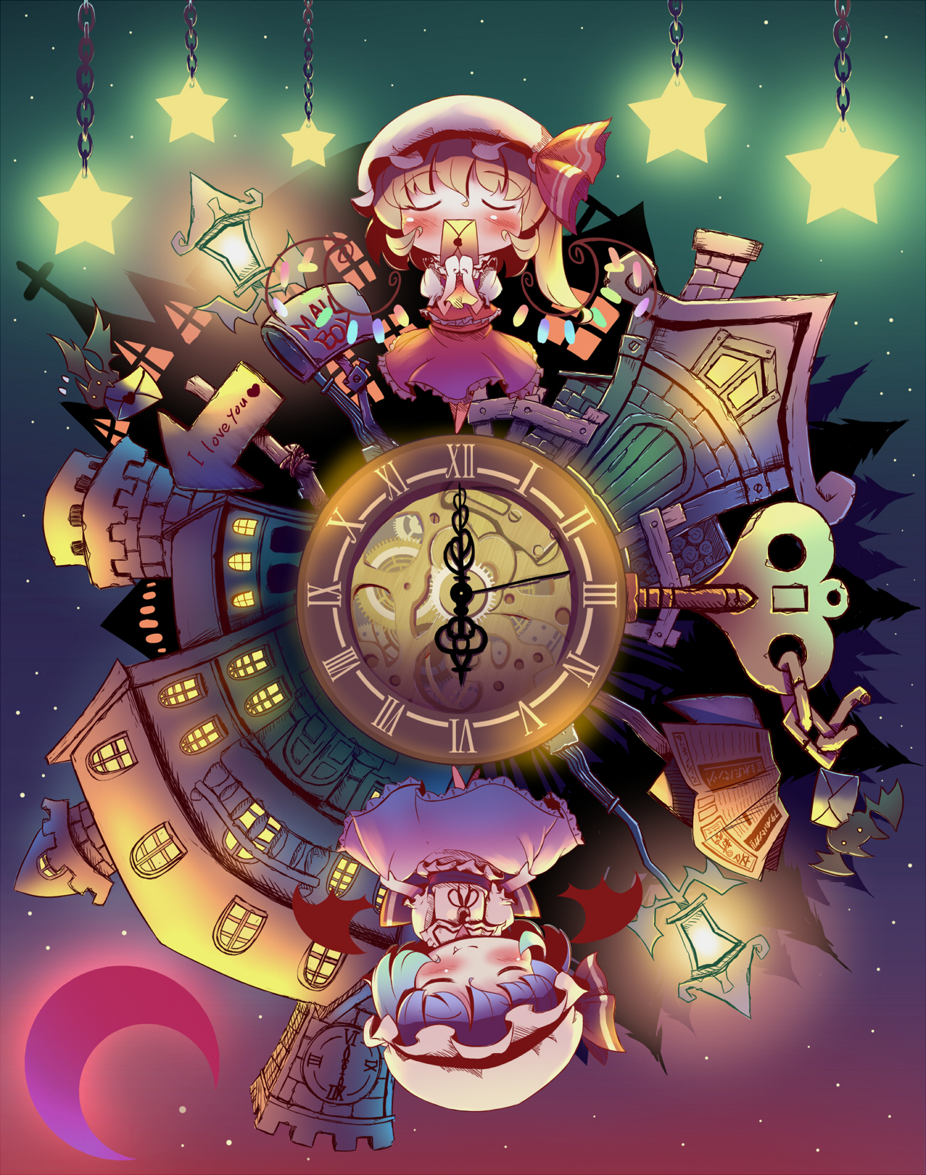 takahero, flandre scarlet, remilia scarlet, touhou, highres, 2girls, blonde hair, blue hair, blush, clock, closed eyes, female focus, hat, letter, mob cap, moon, multiple girls, short hair, siblings, sisters, star (symbol), wings