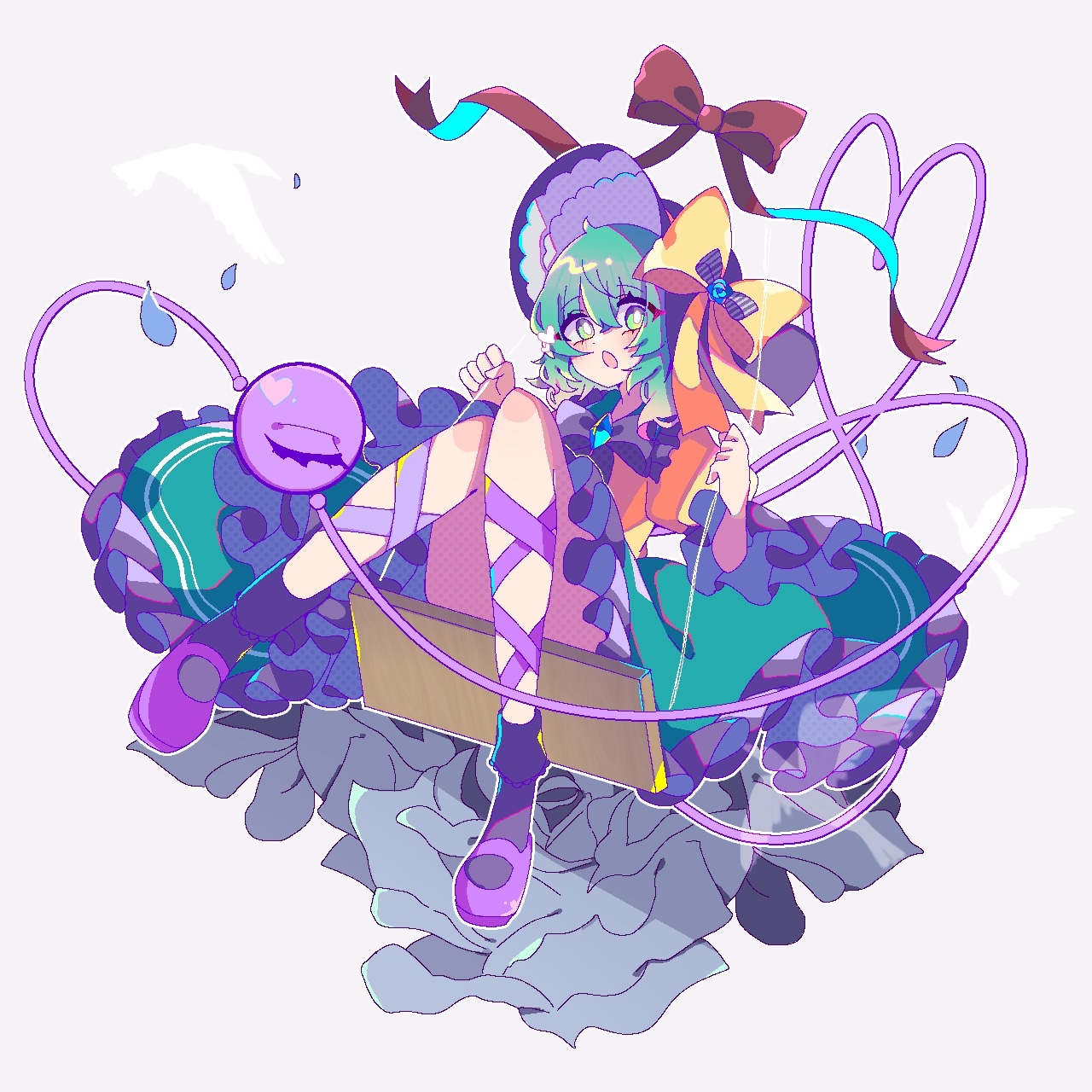 mint onyo, komeiji koishi, touhou, highres, 1girl, black hat, blouse, bow, buttons, diamond button, eyeball, frilled shirt collar, frilled sleeves, frills, full body, green hair, green skirt, hair between eyes, hat, hat bow, hat ribbon, heart, heart of string, koishi day, on swing, open mouth, ribbon, shirt, shoes, skirt, solo, swing, swing set, third eye, white background, yellow bow, yellow ribbon, yellow shirt