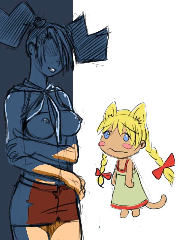 dvach-tan, slavya-chan, 2ch.ru, ru-chans, against wall, animal ears, blonde hair, blue eyes, blush, blush stickers, braid, breasts, chibi, clothes lift, dress, mascot, nipples, shadow, shirt lift, skirt, twin braids, twintails
