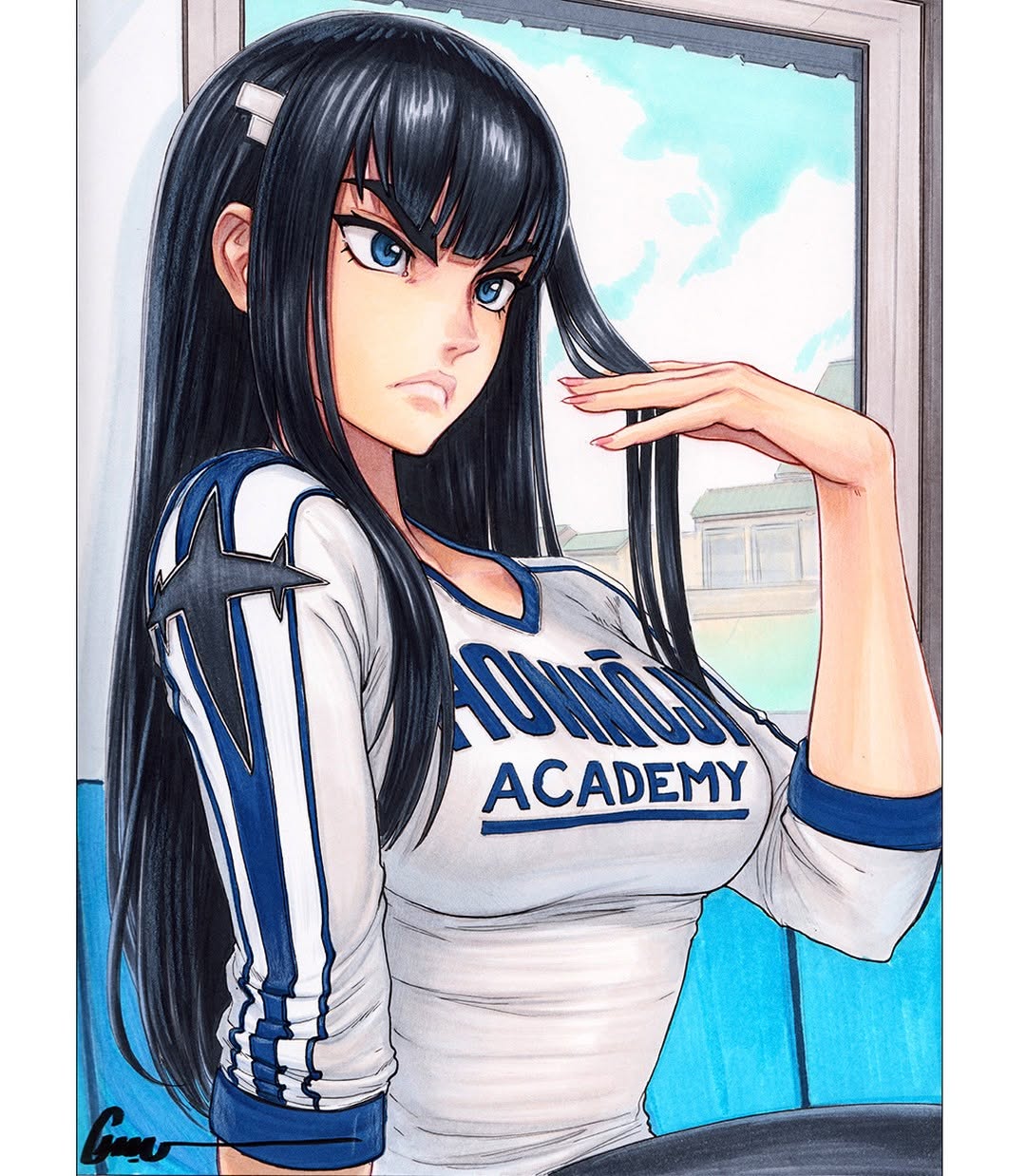 omar dogan, kiryuuin satsuki, kill la kill, highres, 1girl, alternate costume, artist name, black hair, blue eyes, breasts, clothes writing, frown, indoors, large breasts, long hair, long sleeves, shirt, sidelocks, signature, solo, striped clothes, upper body, white shirt, window
