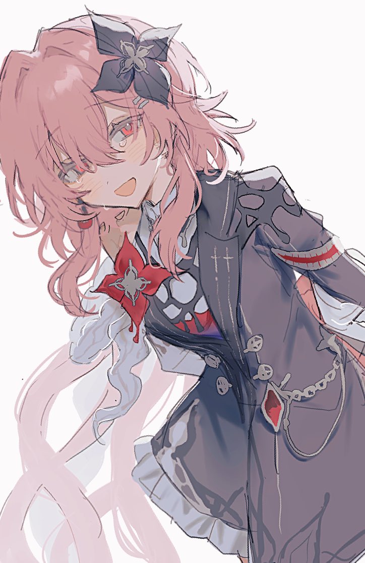 inagoinaire, evernight (honkai: star rail), march 7th (honkai: star rail), honkai: star rail, honkai (series), :d, black flower, collar, flower, hair between eyes, hair flower, hair ornament, hairclip, light blush, long hair, open mouth, parallel hairclips, pink hair, red eyes, red flower, single bare shoulder, smile, tears, very long hair, white background, white collar
