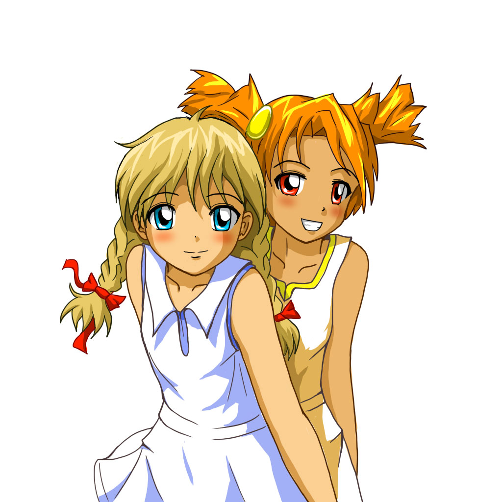 huyase, dvach-tan, slavya-chan, 2ch.ru, 2girls, :d, bare shoulders, blonde hair, blue eyes, blush, braid, collarbone, cowboy shot, dress, grin, looking at viewer, mascot, multiple girls, open mouth, orange hair, red eyes, simple background, smile, teeth, twin braids, twintails, white background, white dress