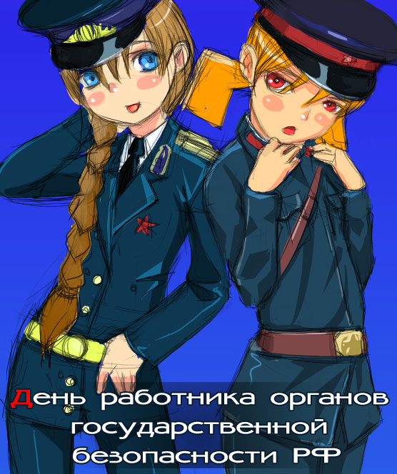 dvach-tan, slavya-chan, 2ch.ru, ru-chans, 2girls, blue background, braid, mascot, multiple girls, russian text, simple background