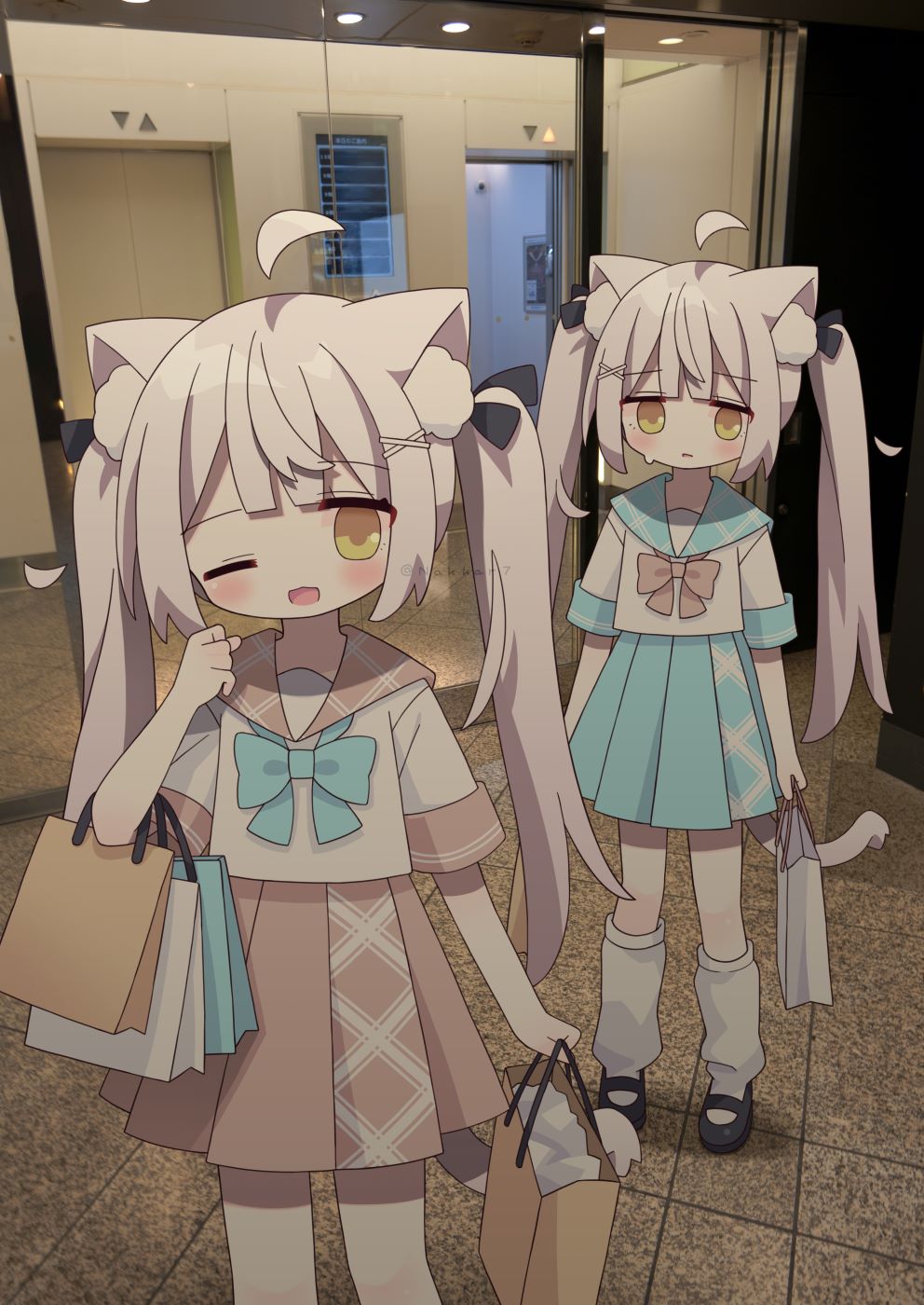 nakkar, original, hashtag-only commentary, highres, 2girls, ahoge, animal ear fluff, animal ears, bag, black shoes, blue bow, blue sailor collar, blue skirt, blush, bow, brown bow, brown sailor collar, brown skirt, cat ears, cat girl, cat tail, green eyes, grey hair, hair ornament, holding, long hair, looking at viewer, loose socks, mary janes, miniskirt, multiple girls, one eye closed, open mouth, photo background, pleated skirt, sailor collar, sailor shirt, school uniform, serafuku, shirt, shoes, shopping bag, short sleeves, siblings, sisters, skirt, socks, tail, twins, twintails, white shirt, white socks, x hair ornament