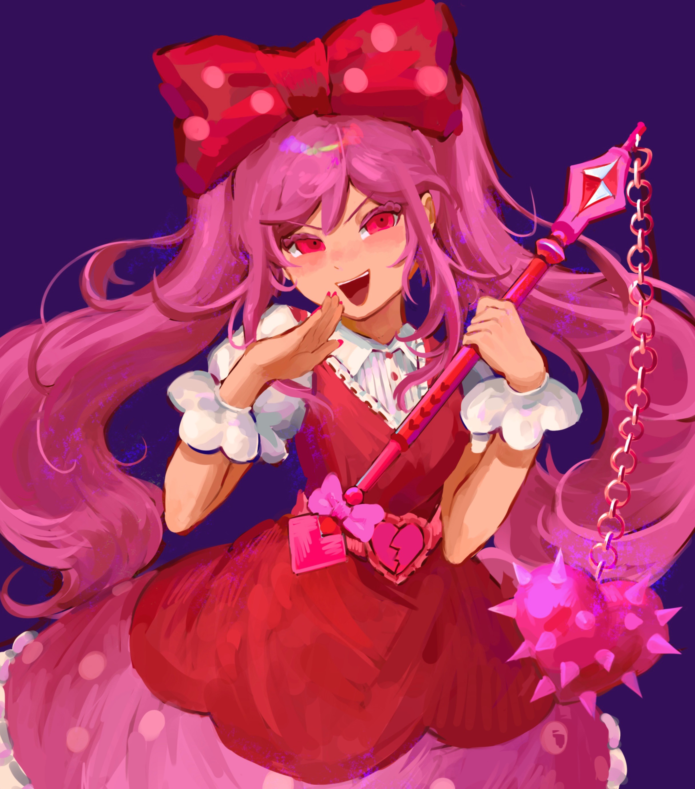 bujialamaimaiti978, sweetheart (omori), omori, absurdres, chinese commentary, commentary request, highres, 1girl, belt, blush, bow, breasts, buttons, chain, collared shirt, colored eyelashes, double-parted bangs, dress, frilled sleeves, frilled wrist cuffs, frills, hair between eyes, hair bow, hands up, heart, heart belt, holding flail, long hair, looking at viewer, nail polish, ojou-sama pose, petticoat, pink belt, pink bow, pink nails, polka dot, polka dot bow, polka dot dress, puffy short sleeves, puffy sleeves, purple background, red bow, red dress, red eyes, shirt, short sleeves, simple background, sleeveless, sleeveless dress, small breasts, solo, teeth, tongue, twintails, two-tone bow, upper body, upper teeth only, v-shaped eyebrows, very long hair, white shirt, white wrist cuffs, wrist cuffs