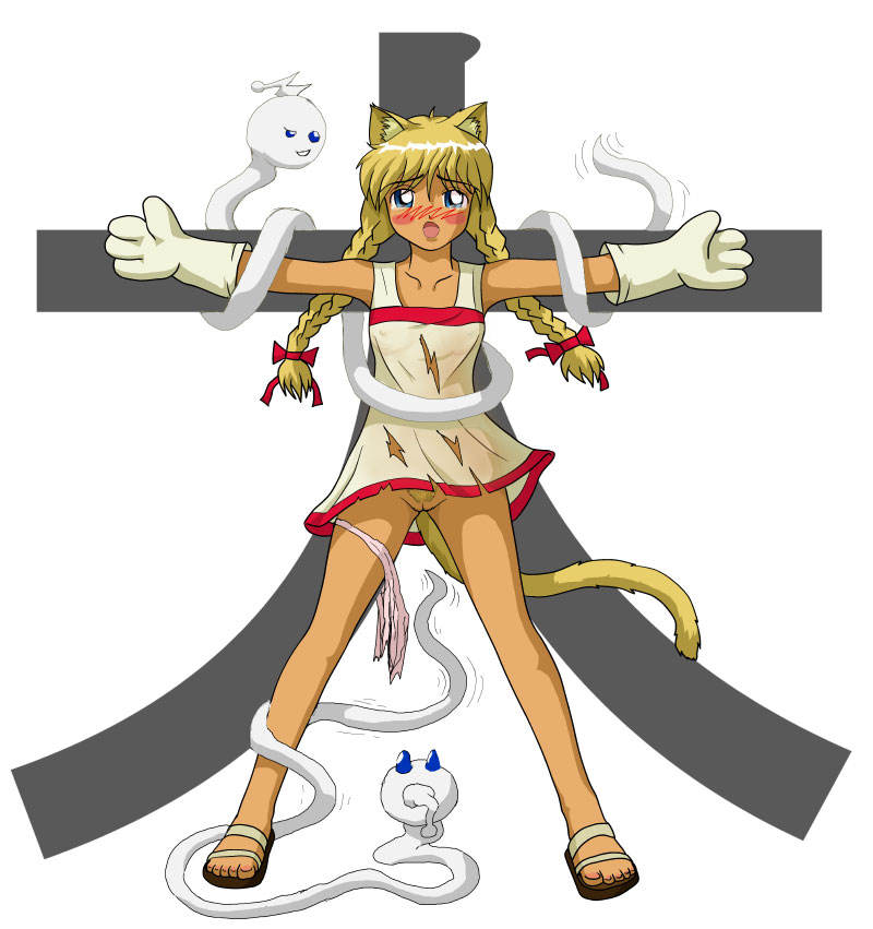 huyase, slavya-chan, 2ch.ru, ru-chans, animal ears, bdsm, bondage, bound, cat ears, cat tail, cleft of venus, liricheskiy, mascot, pubic hair, pussy, see-through clothes, tail, tokarev, torn clothes