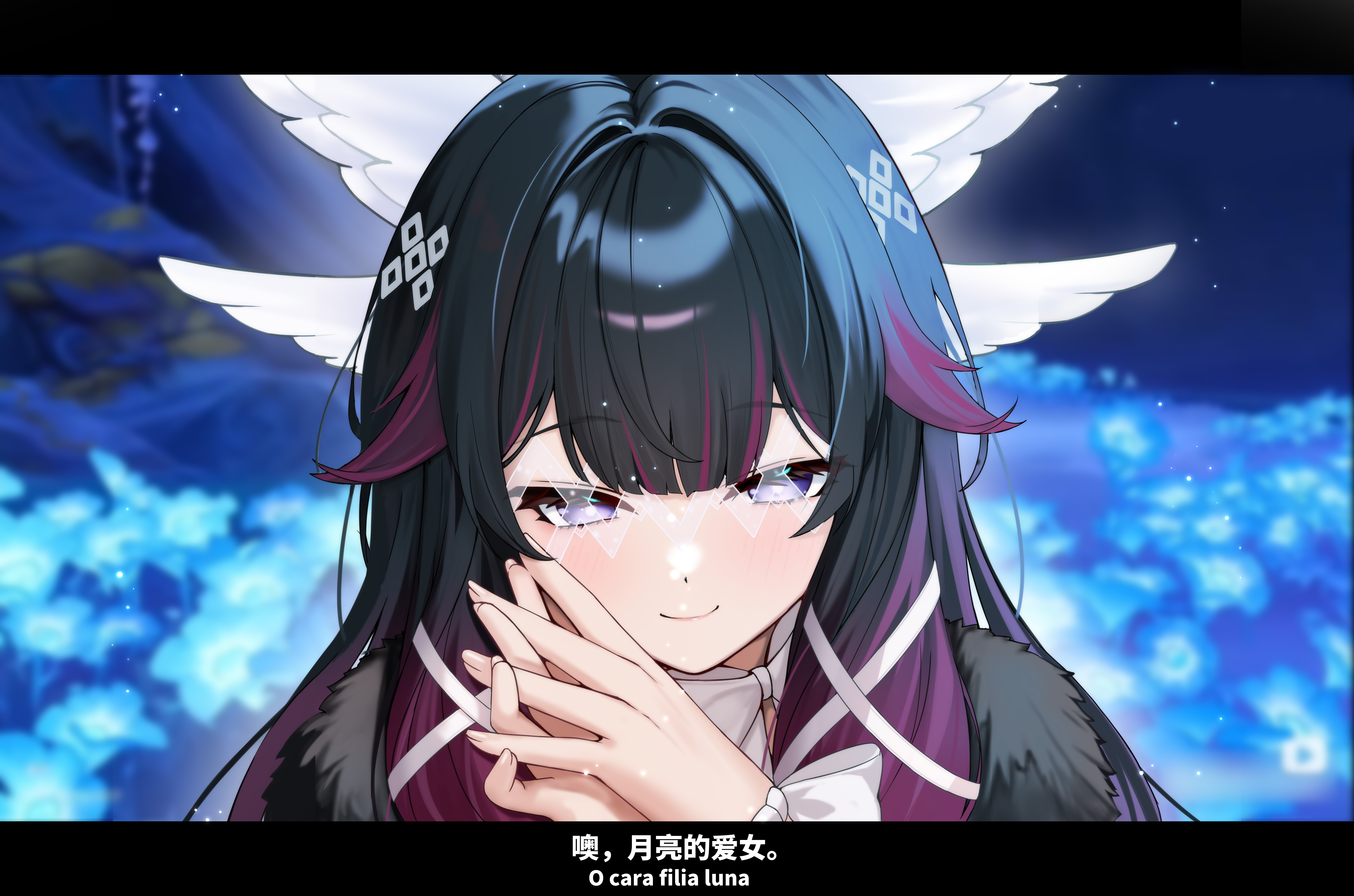 takeawatch, columbina (genshin impact), genshin impact, absurdres, commentary request, highres, spoilers, translation request, 1girl, black hair, blurry, blurry background, closed mouth, double-parted bangs, fingernails, hands up, letterboxed, long hair, looking at viewer, multicolored hair, own hands together, portrait, purple eyes, purple hair, smile, solo, streaked hair