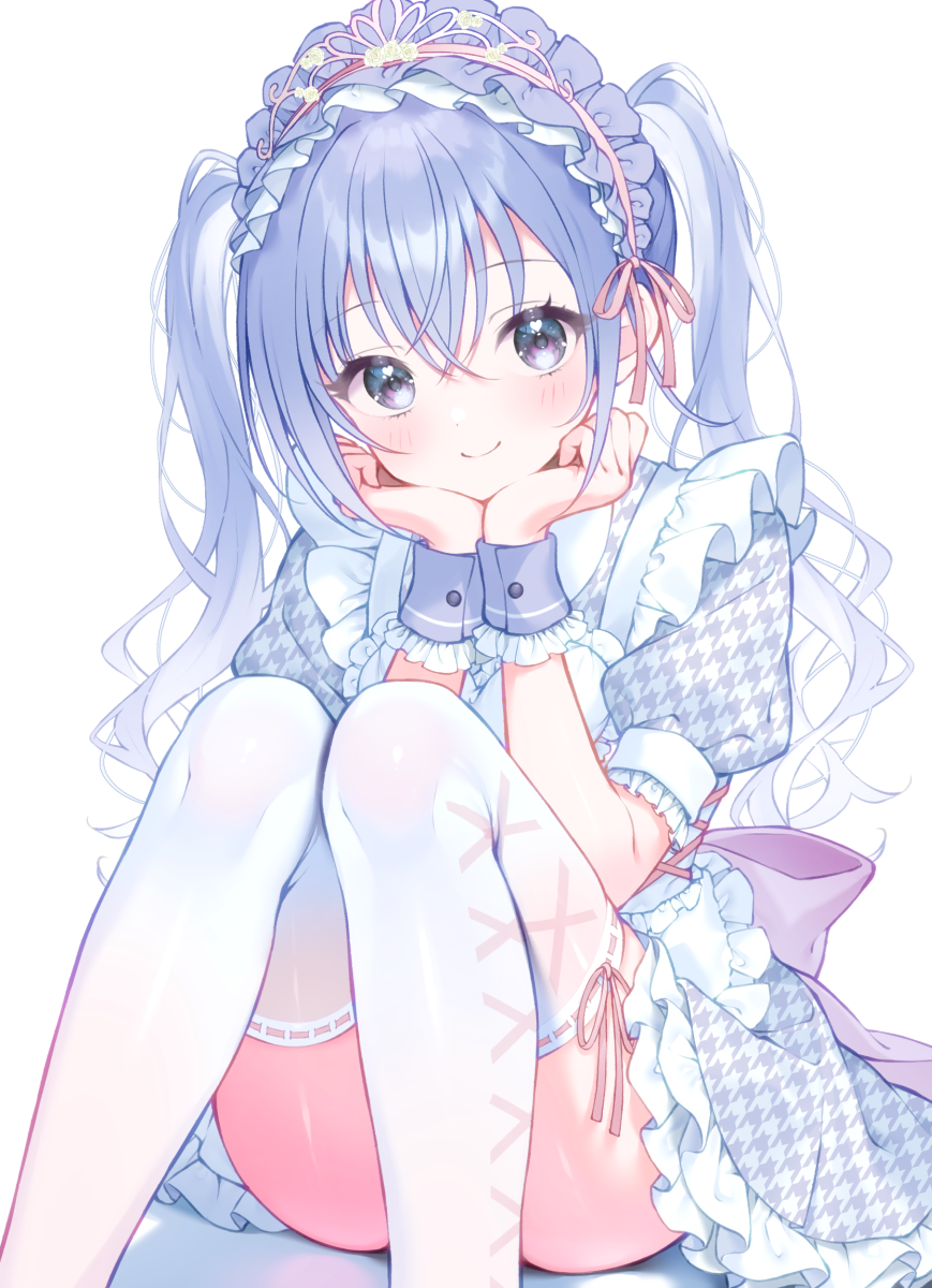 shirasato (phzm8733), suzuki hana, idolmaster, idolmaster shiny colors, commentary request, highres, 1girl, alternate costume, apron, ass, blue hair, blush, convenient leg, dress, enmaided, feet out of frame, frilled apron, frilled hairband, frills, grey dress, hairband, knees together feet apart, knees up, looking at viewer, maid, puffy short sleeves, puffy sleeves, purple eyes, short sleeves, sitting, smile, solo, thighhighs, twintails, white apron, white thighhighs, wrist cuffs