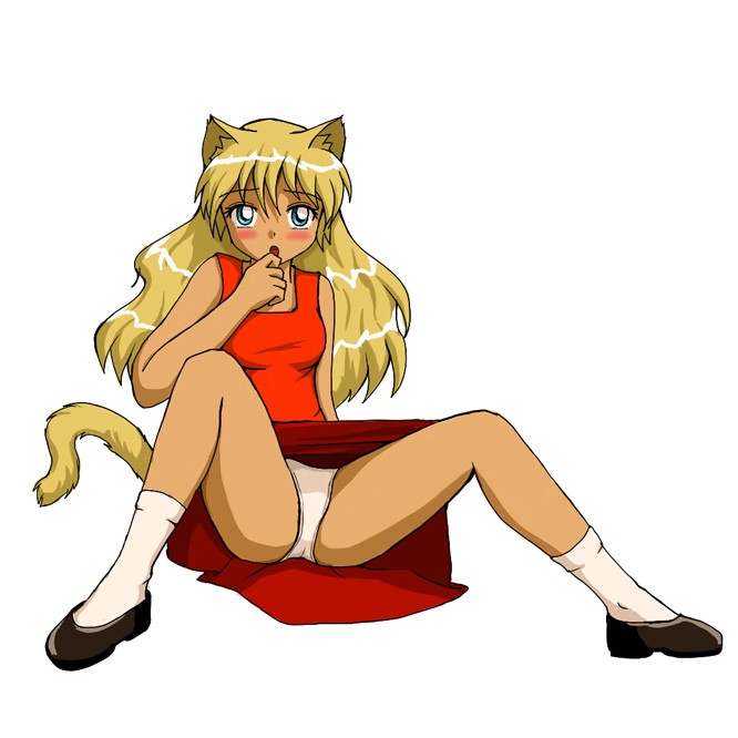 slavya-chan, 2ch.ru, artist request, animal ears, bare shoulders, blonde hair, blue eyes, blush, cat ears, cat tail, covering face, covering own mouth, covering privates, dress, flat chest, hand over mouth, loli, long hair, mascot, open mouth, panties, pantyshot, shoes, simple background, sitting, socks, solo, spread legs, tail, underwear, upskirt, white background, white panties, white socks