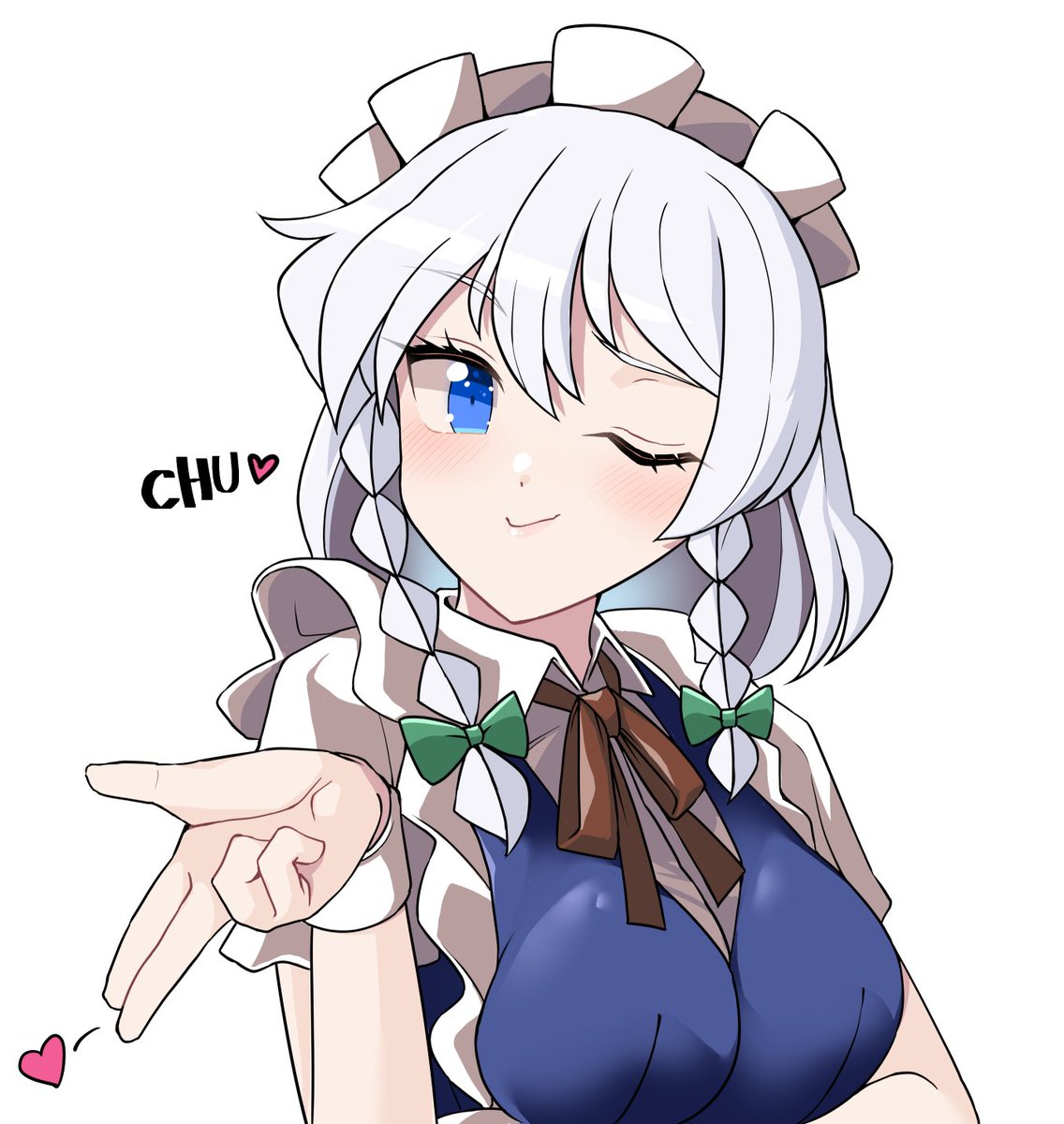 sei (kaien kien), izayoi sakuya, touhou, commentary, highres, 1girl, blowing kiss, blue eyes, bow, braid, braided sidelocks, breasts, frilled headwear, green bow, hair bow, heart, looking at viewer, maid, maid headdress, one eye closed, simple background, solo, white background, white headdress