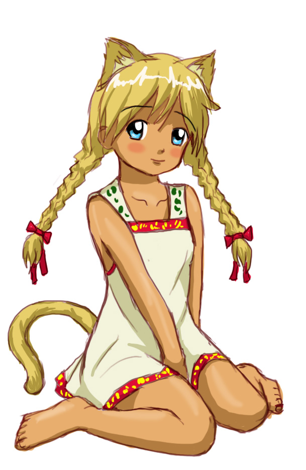 huyase, slavya-chan, 2ch.ru, ru-chans, artist request, 1girl, animal ears, barefoot, blonde hair, blue eyes, blush, braid, cat ears, cat girl, cat tail, dress, female focus, flat chest, full body, mascot, ribbon, simple background, sitting, smile, solo, tail, twin braids, white background