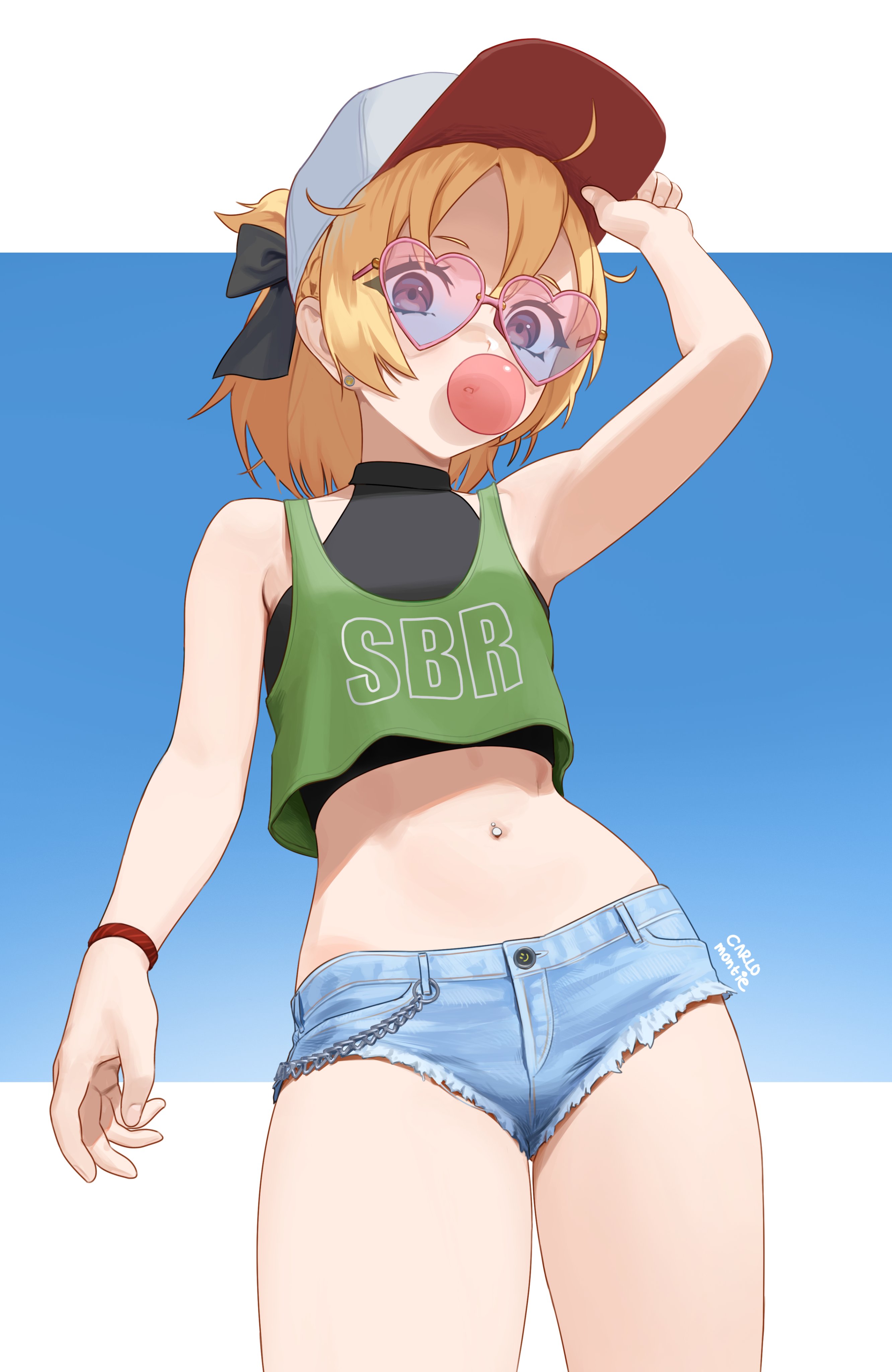 carlo montie, felt (re:zero), re:zero kara hajimeru isekai seikatsu, absurdres, commentary, commission, highres, 1girl, adjusting eyewear, artist name, bare shoulders, baseball cap, blonde hair, blowing bubble gum, brown eyes, chewing gum, cowboy shot, crop top, cutoffs, denim, denim shorts, green tank top, hat, heart, heart-shaped eyewear, midriff, navel piercing, piercing, pink-framed eyewear, pink-tinted eyewear, short shorts, shorts, solo, tank top, tinted eyewear, wristband