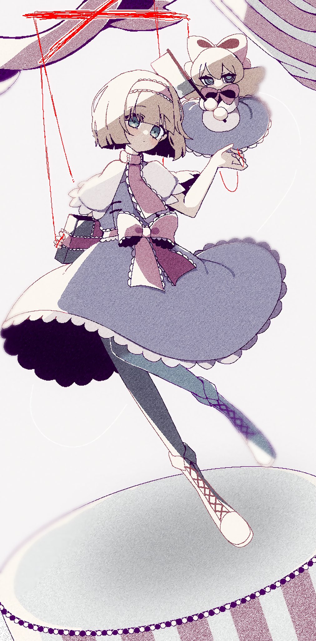 mint onyo, alice margatroid, shanghai doll, touhou, highres, 1girl, apron, blonde hair, blue dress, blue eyes, book, boots, capelet, doll, dress, frilled hairband, frilled sash, frills, full body, grimoire, grimoire of alice, hairband, lolita hairband, multiple girls, puppet strings, red hairband, sash, solo, waist apron, white capelet