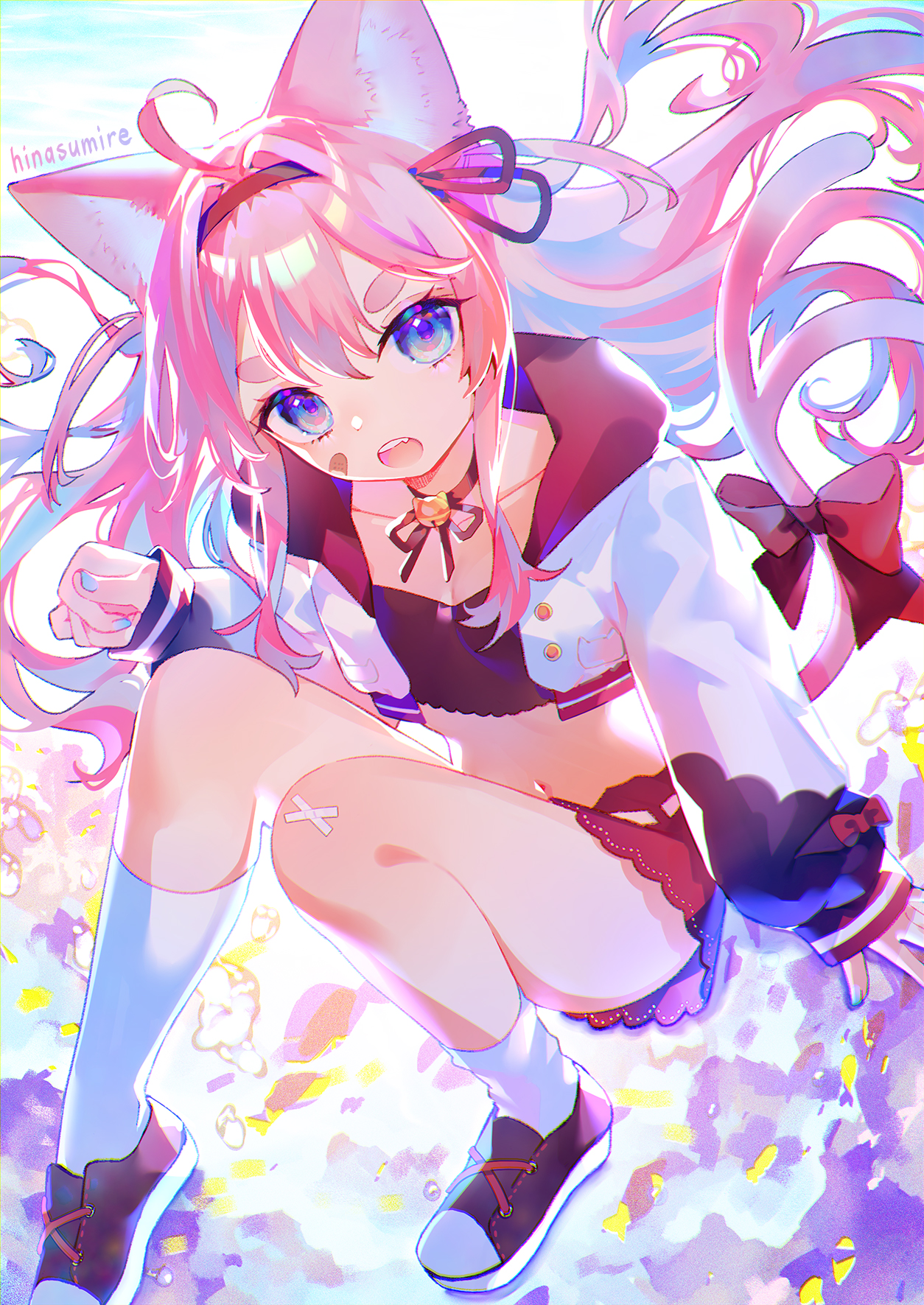 hinasumire, character request, commentary request, commission, copyright request, highres, skeb commission, 1girl, abstract background, ahoge, animal ears, artist name, bandaid, bandaid on face, bandaid on knee, bandaid on leg, bell, black boots, blue eyes, boots, breasts, cat ears, cat girl, cat tail, choker, cleavage, collarbone, cropped jacket, double-parted bangs, fang, floating hair, forked tail, full body, hair between eyes, hair ribbon, hair up, hairband, jacket, jingle bell, kneehighs, long hair, long sleeves, looking at viewer, midriff, miniskirt, multicolored eyes, multicolored jacket, navel, neck bell, open mouth, pink hair, purple background, purple eyes, red hairband, red jacket, red ribbon, red skirt, red tube top, ribbon, ribbon choker, shoes, sitting, skirt, small breasts, sneakers, socks, solo, strapless, tail, teeth, tube top, two-tone eyes, two-tone jacket, uneven socks, upper teeth only, v-shaped eyebrows, white background, white jacket, white socks, yellow background