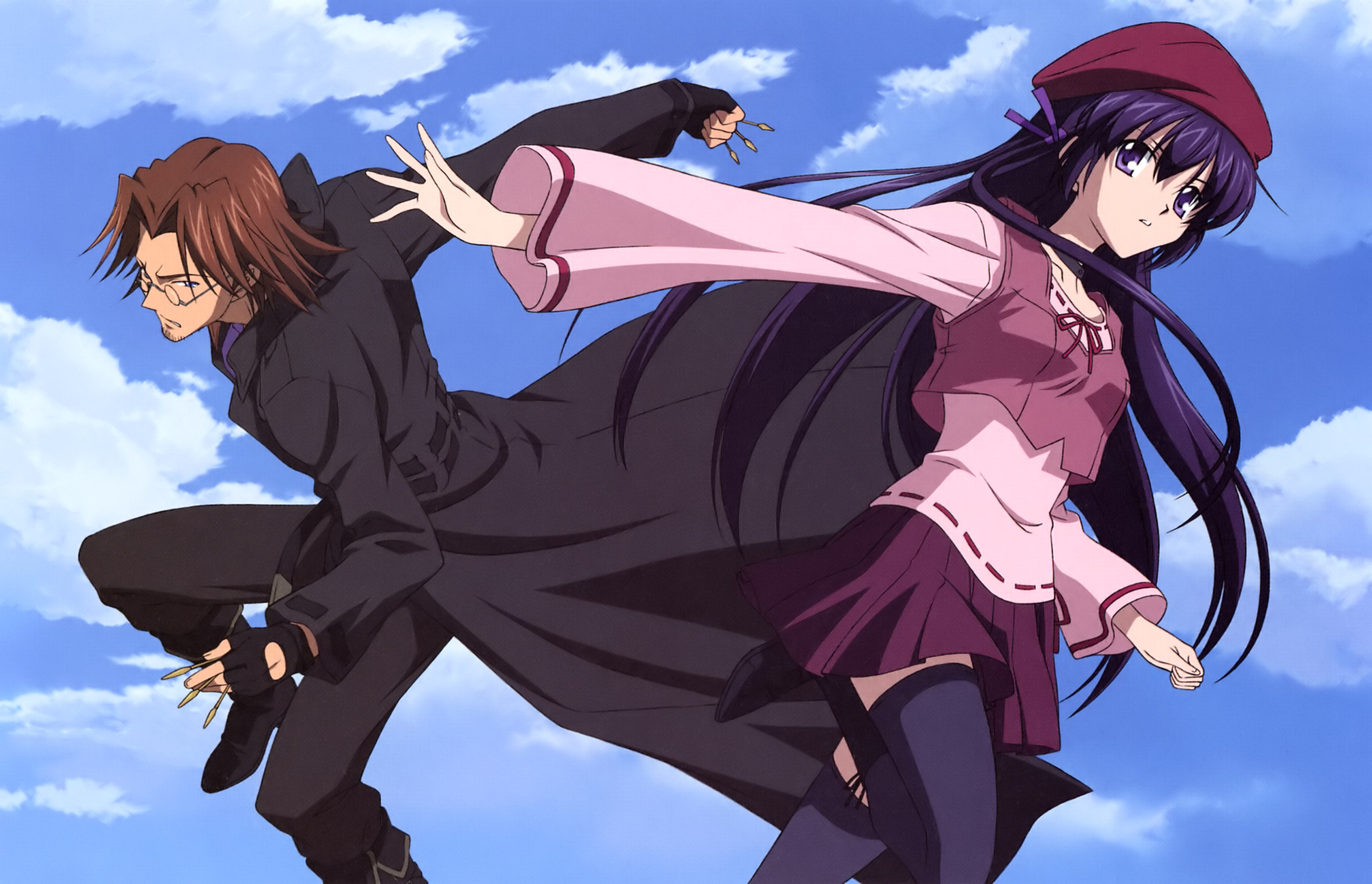koga makoto, shihou matsuri, tsujidou takeshi, sola, highres, non-web source, 00s, 1boy, 1girl, beard, black hair, boots, bow, brown hair, choker, coat, day, facial hair, fingerless gloves, glasses, gloves, goatee, hat, long hair, purple eyes, ribbon, short hair, sky, thighhighs
