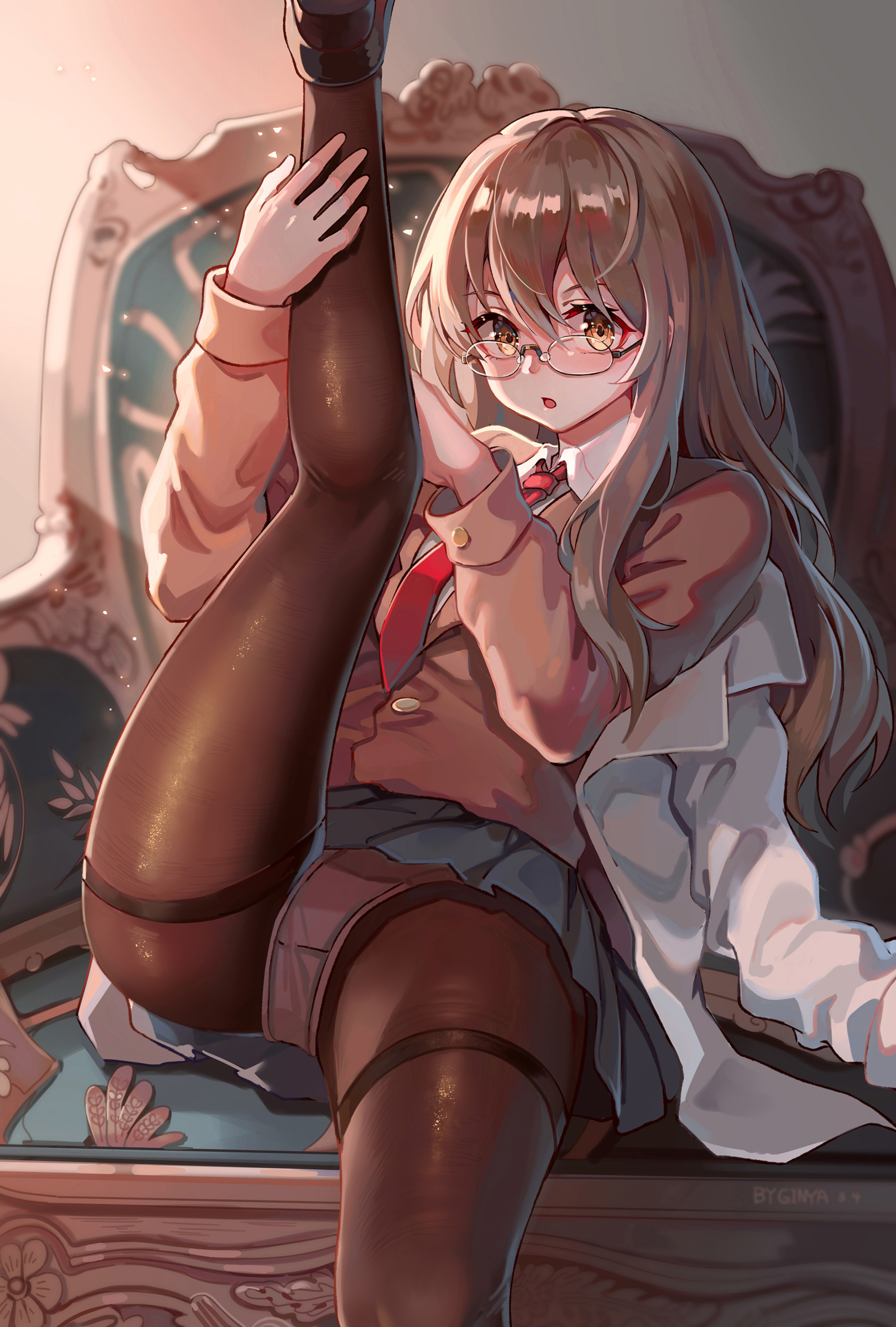 ginyasama, futaba rio, seishun buta yarou, absurdres, chinese commentary, commentary request, highres, 1girl, artist name, black pantyhose, black shoes, blazer, blue skirt, blurry, blurry background, blush, brown jacket, chair, coat, collared shirt, depth of field, flexible, glasses, grey hair, hair between eyes, hands up, indoors, jacket, kneepits, lab coat, leaning back, leg hold, leg up, legs, light particles, loafers, long hair, long sleeves, looking at viewer, minegahara high school uniform, miniskirt, necktie, nose pads, on chair, open clothes, open coat, open mouth, panties, panties over pantyhose, pantyhose, pleated skirt, raised eyebrows, red necktie, rimless eyewear, school uniform, shirt, shoes, sidelocks, sitting, skirt, solo, spread legs, sunlight, thighband pantyhose, thighs, tongue, underwear, wavy hair, white shirt, yellow eyes