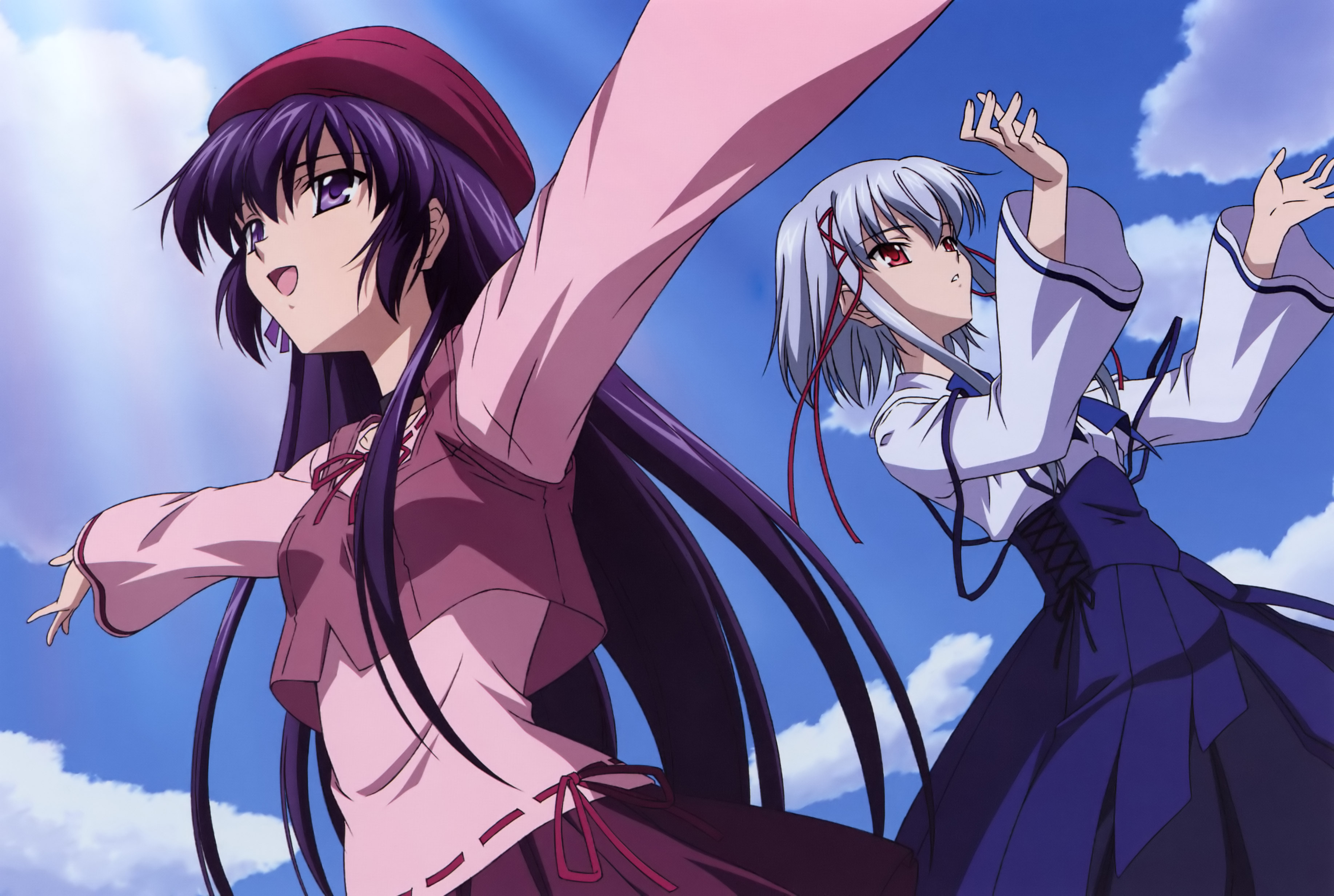 koga makoto, morimiya aono, shihou matsuri, sola, absurdres, highres, non-web source, 00s, 2girls, black hair, bow, cloud, day, hat, long hair, multiple girls, outstretched arms, purple eyes, red eyes, ribbon, sky, spread arms, white hair