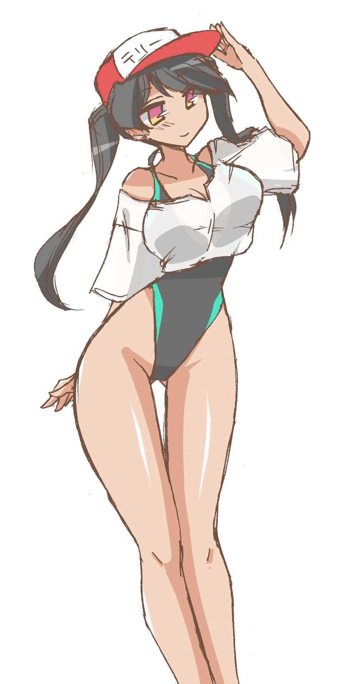 r2ndmix, original, hashtag-only commentary, highres, 1girl, arm up, baseball cap, black hair, black one-piece swimsuit, breasts, collarbone, cropped shirt, groin, hat, long hair, one-piece swimsuit, red hat, shirt, simple background, solo, standing, swimsuit, swimsuit under clothes, twintails, white background, white shirt