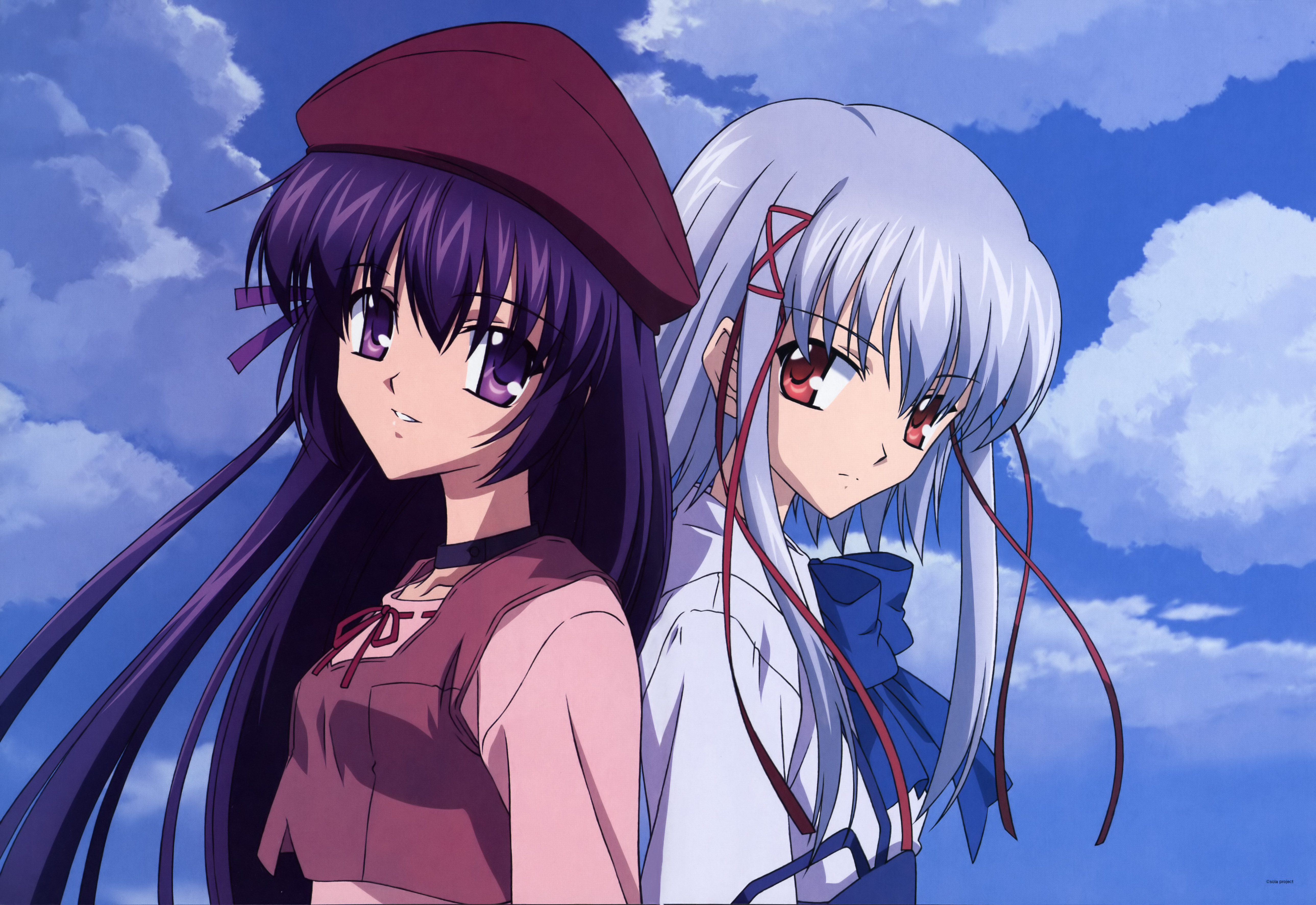 koga makoto, morimiya aono, shihou matsuri, sola, absurdres, highres, non-web source, 00s, 2girls, black hair, bow, choker, cloud, day, hat, long hair, multiple girls, purple eyes, red eyes, ribbon, sky, white hair