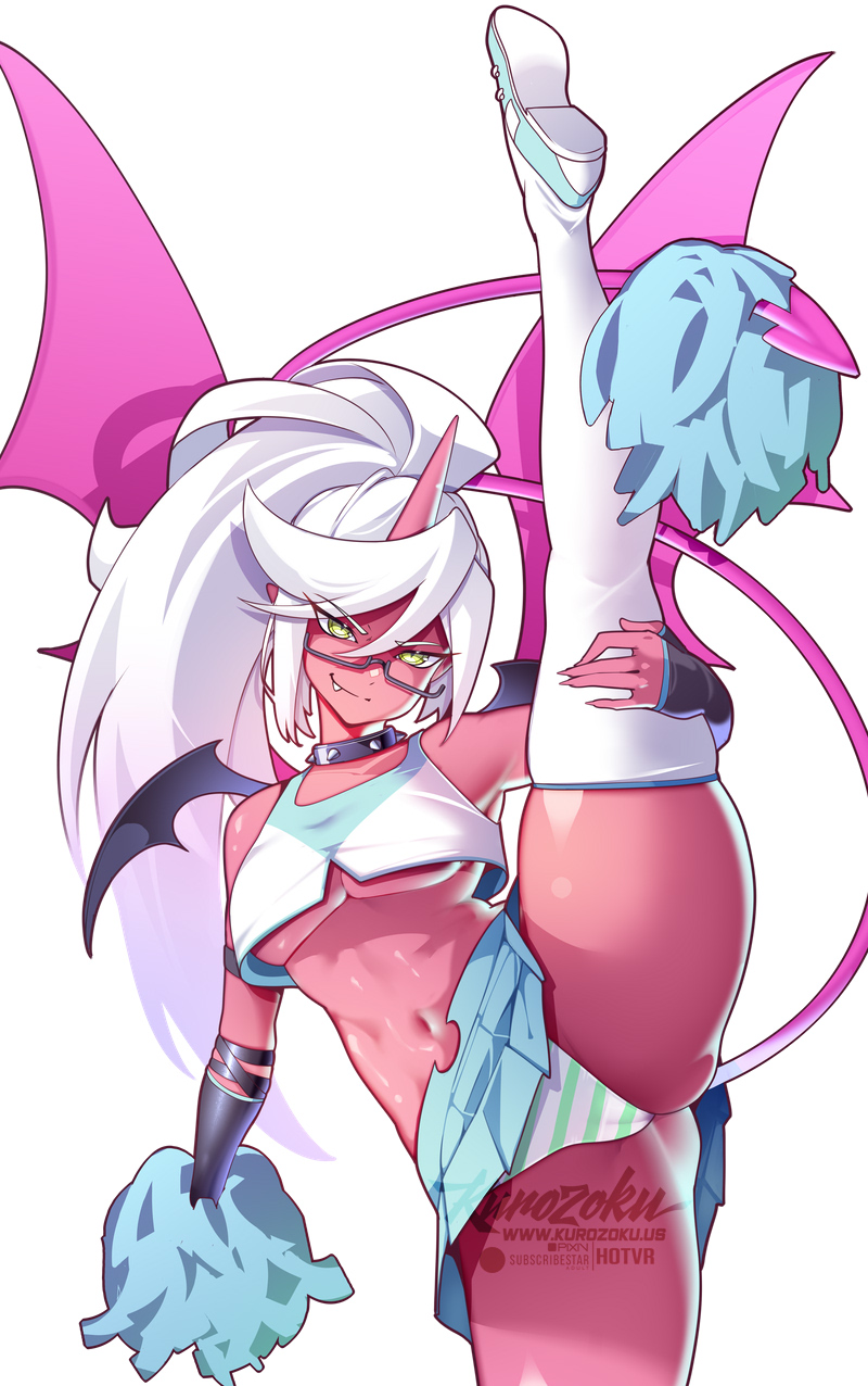 hot vr, kneesocks (psg), panty & stocking with garterbelt, commentary, english commentary, highres, 1girl, black-framed eyewear, breasts, cheerleader, closed mouth, colored skin, fang, glasses, green eyes, hair ornament, horns, leg up, long hair, looking at viewer, medium breasts, panties, pink wings, pom pom (clothes), pom pom hair ornament, ponytail, red horns, red skin, simple background, single horn, smile, solo, standing, standing on one leg, striped clothes, striped panties, thighhighs, thighs, underboob, underwear, white background, white hair, white panties, white thighhighs, wings
