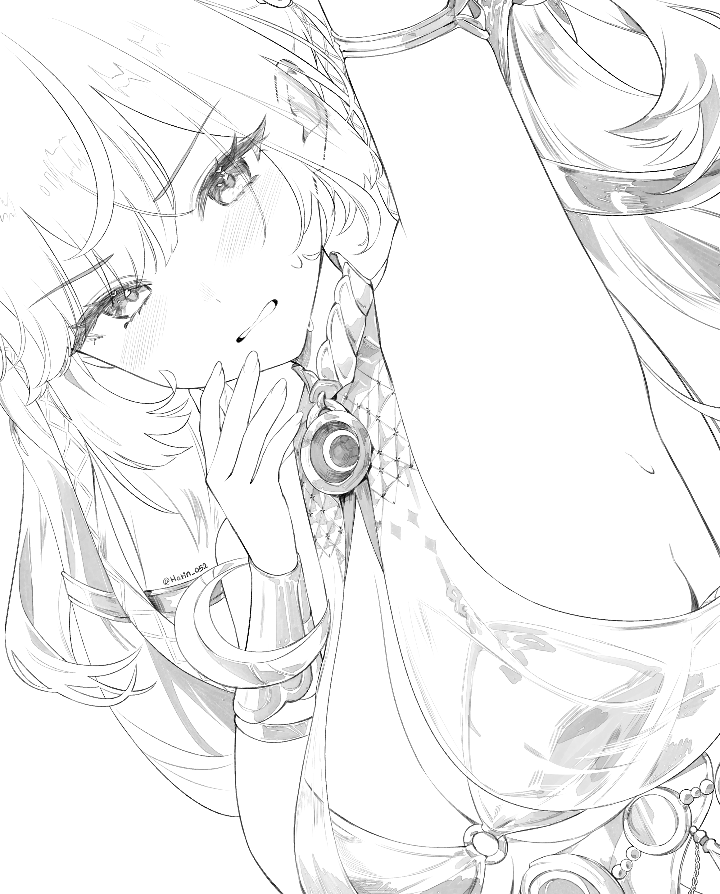 harin 05, iuno (wuthering waves), wuthering waves, absurdres, commentary, highres, 1girl, arm up, armlet, armpits, bare shoulders, blush, breasts, cleavage, fingernails, hair belt, hand up, jewelry, large breasts, long hair, looking at viewer, parted lips, presenting armpit, simple background, sketch, solo, sweat, twitter username, upper body, vambraces, white background