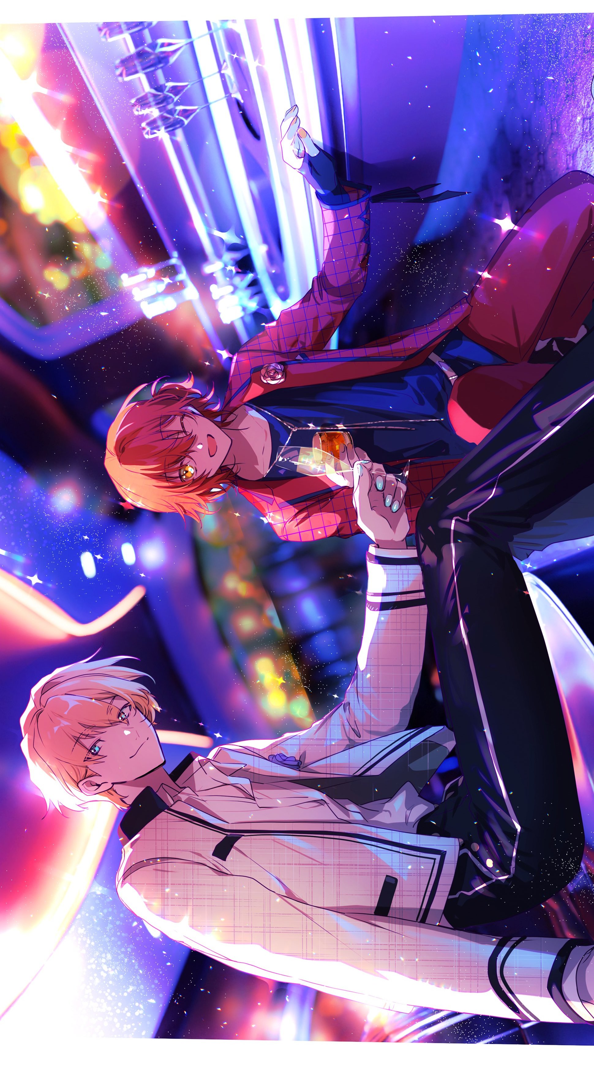 ikuhiro (19nnnkti16), hanasaki miyabi, kishido temma, holostars, absurdres, highres, official art, 2boys, :3, ;d, alcohol, bar (place), belt, black shirt, blonde hair, blue eyes, blue flower, blue nails, blue rose, blurry, blurry background, border, boutonniere, champagne, champagne flute, collarbone, collared shirt, couch, counter, crew neck, cup, drinking glass, feet out of frame, flower, formal clothes, hair between eyes, hand on table, holding, holding cup, indoors, jacket, jewelry, lapels, lariat (necklace), letterboxed, light particles, long sleeves, looking at viewer, male focus, medium hair, multiple boys, nail polish, necklace, official alternate costume, one eye closed, open clothes, open collar, open jacket, open mouth, orange nails, pants, plaid clothes, plaid jacket, red flower, red hair, red jacket, red pants, red rose, red suit, rose, shirt, short hair, sideways, sideways glance, sitting, sleeves past wrists, smile, suit, suit jacket, virtual youtuber, whiskey, white belt, white border, white jacket, white shirt, yellow eyes