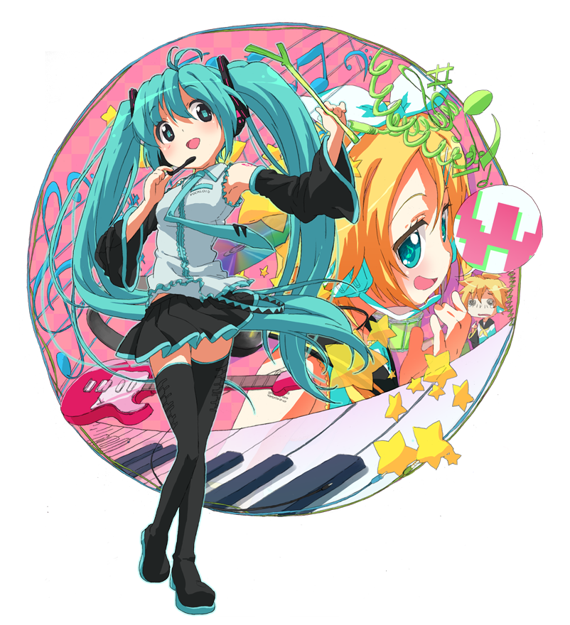 ratte, hatsune miku, kagamine len, kagamine rin, vocaloid, armpits, blue hair, detached sleeves, headset, outside border, round image, spring onion, thighhighs, transparent background, twintails