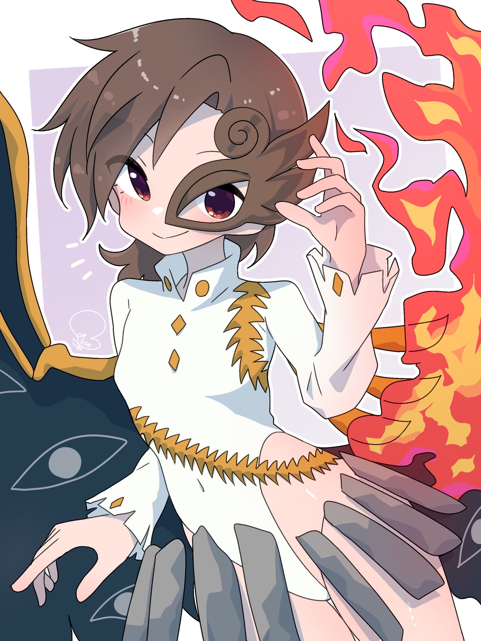 soesoe300, iwanaga ariya, fossilized wonders, touhou, commentary, highres, 1girl, asymmetrical wings, black wings, brown eyes, brown hair, fiery wings, leotard, looking at viewer, mast, short hair, skirt, sleeved leotard, smile, solo, white leotard, wings