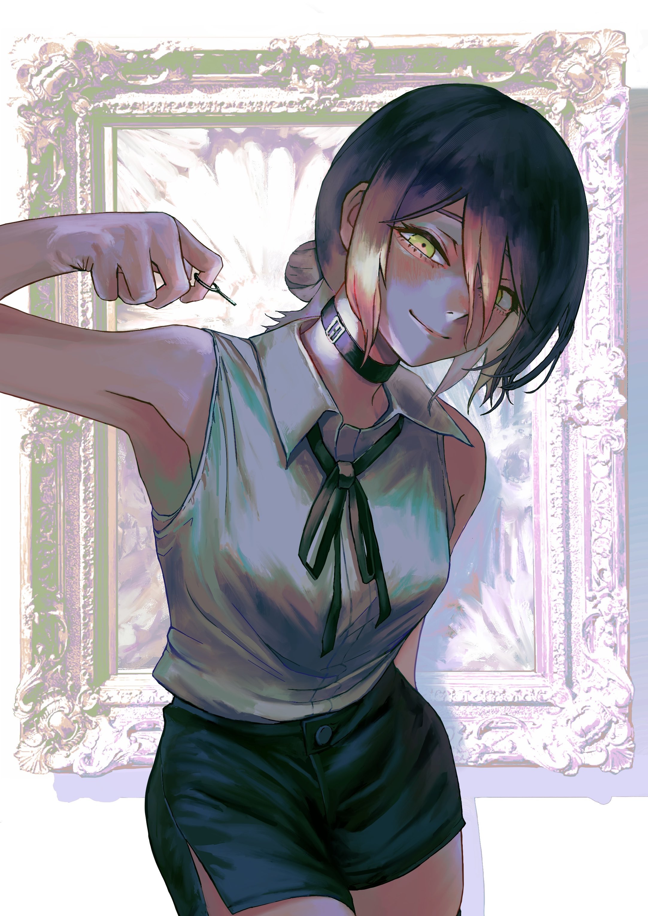 lui n24, reze (chainsaw man), chainsaw man, absurdres, highres, 1girl, armpits, black choker, black hair, black ribbon, black shorts, blush, choker, green eyes, grenade pin, hair between eyes, hair bun, leaning forward, looking at viewer, neck ribbon, picture frame, ribbon, shirt, shorts, side slit, side slit shorts, sidelocks, smile, solo, white shirt