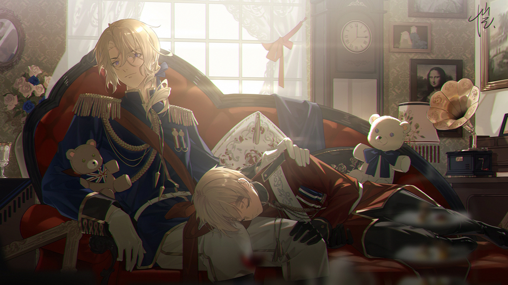 a kai shouchao munaiyi, france (hetalia), united kingdom (hetalia), axis powers hetalia, mona lisa, commentary request, highres, 2boys, aiguillette, award ribbon, blonde hair, blue jacket, bouquet, clock, closed eyes, couch, curtains, cushion, epaulettes, facial hair, fine art parody, flower, gloves, goatee stubble, grandfather clock, hair ribbon, high collar, indoors, jacket, lap pillow, long sleeves, looking at viewer, low ponytail, lying, male focus, medal, medium hair, military, military jacket, military uniform, multiple boys, on couch, on side, painting (object), pants, parody, phonograph, picture frame, ponytail, portrait (object), purple eyes, red jacket, red sash, ribbon, sash, short hair, sitting, sleeping, smile, stubble, stuffed animal, stuffed toy, teddy bear, thick eyebrows, union jack, white sash, window, yaoi