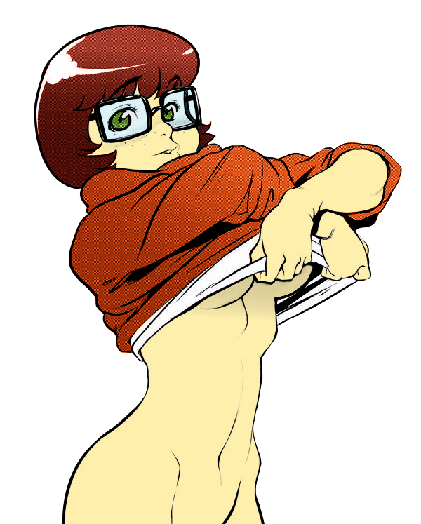 qiqo, velma dinkley, scooby-doo, tagme, 1girl, breasts, glasses, green eyes, large breasts, short hair, sweater, underboob, undressing