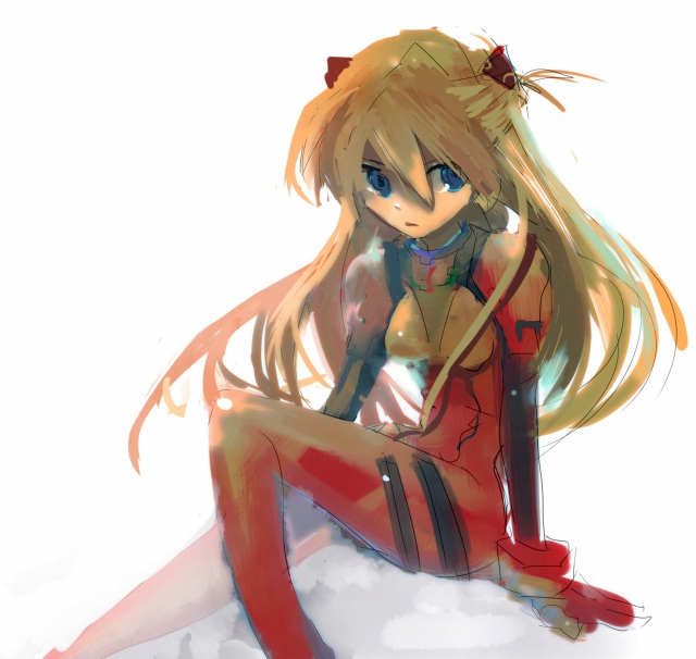 souryuu asuka langley, neon genesis evangelion, tagme, blue eyes, bracer, from side, full body, hair between eyes, long hair, mecha pilot suit, narrow waist, oekaki, plugsuit (evangelion), red hair, simple background, sitting, solo, two side up, very long hair, white background