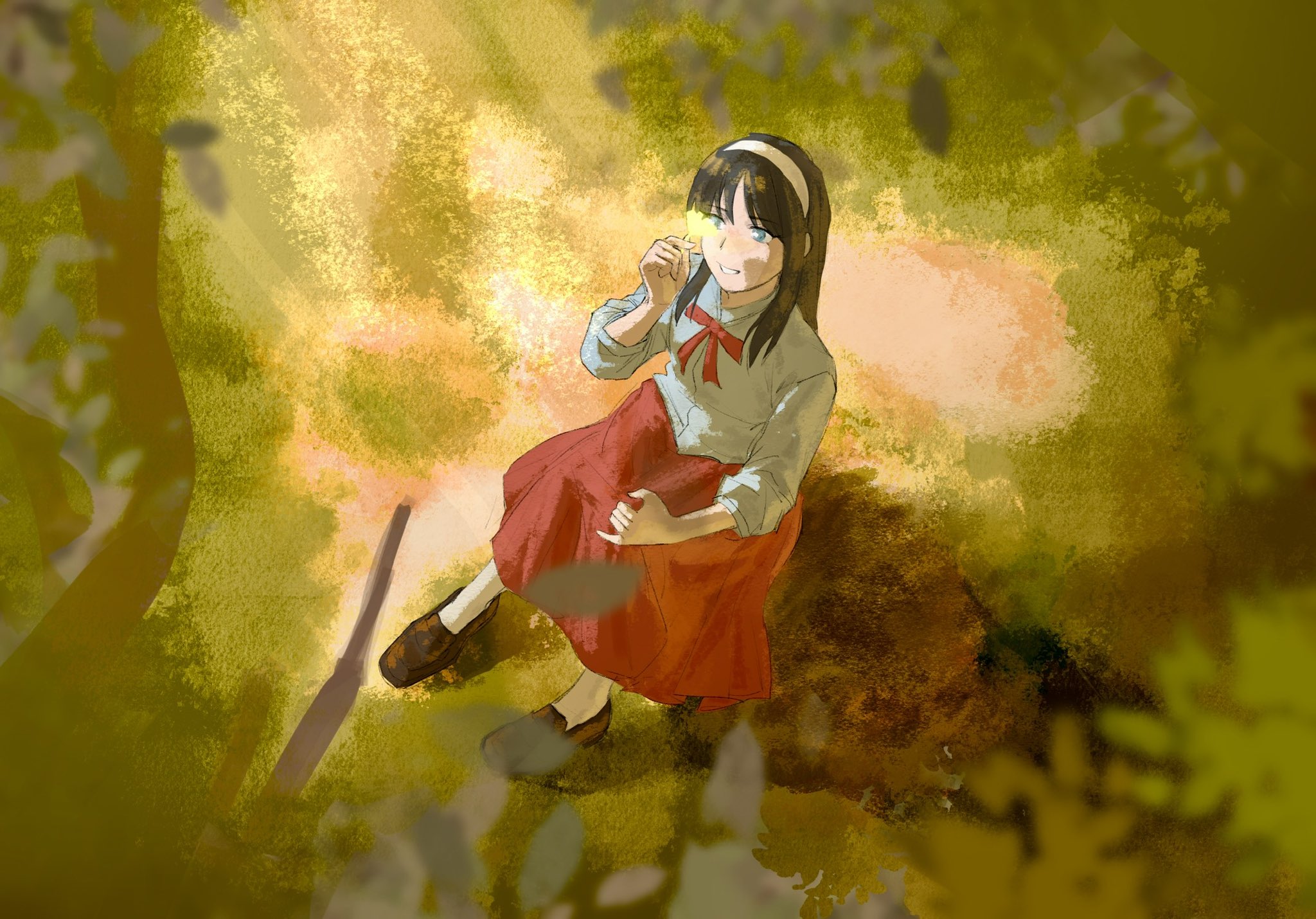 tohno akiha, tsukihime, black hair, blue eyes, bow, grass, hairband, happy, leaf, leaves, long hair, looking at leaf, outdoors, peaceful smile, ribbon, shirt, shoes, skirt, smile, sun, sunlight, tree, white hairband