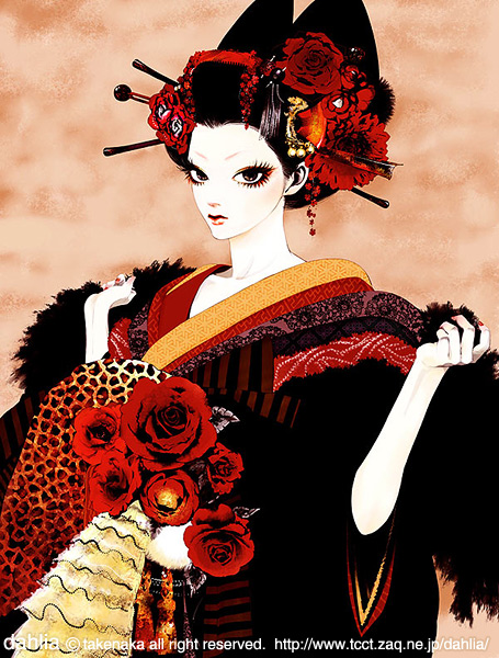 takenaka, 1girl, black hair, eyelashes, eyeliner, female focus, flower, frills, geisha, hair flower, hair ornament, hair stick, japanese clothes, kimono, layered clothes, layered kimono, lipstick, looking at viewer, makeup, nail polish, oiran, pale skin, red flower, red lips, red nails, red rose, rose, sayagata, solo, watermark, web address