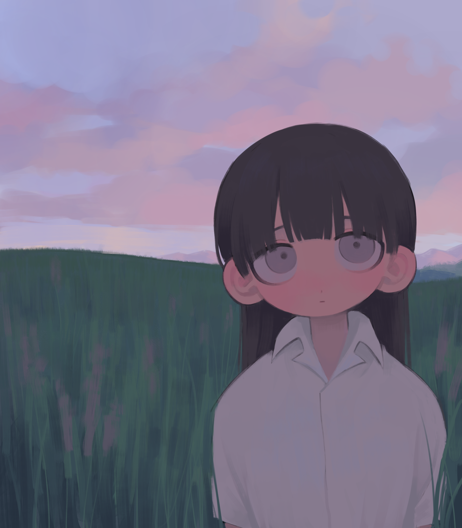 yuanyuann, original, commentary, english commentary, highres, 1girl, black hair, blue sky, blunt bangs, closed mouth, cloud, collared shirt, expressionless, grey eyes, long hair, looking at viewer, on grass, outdoors, shirt, simple background, sky, solo, straight hair, upper body, upturned eyes, white shirt