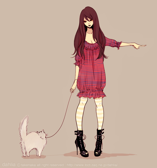takenaka, brown hair, cat, dress, full body, high heels, leash, long hair, shoes, simple background, solo, standing