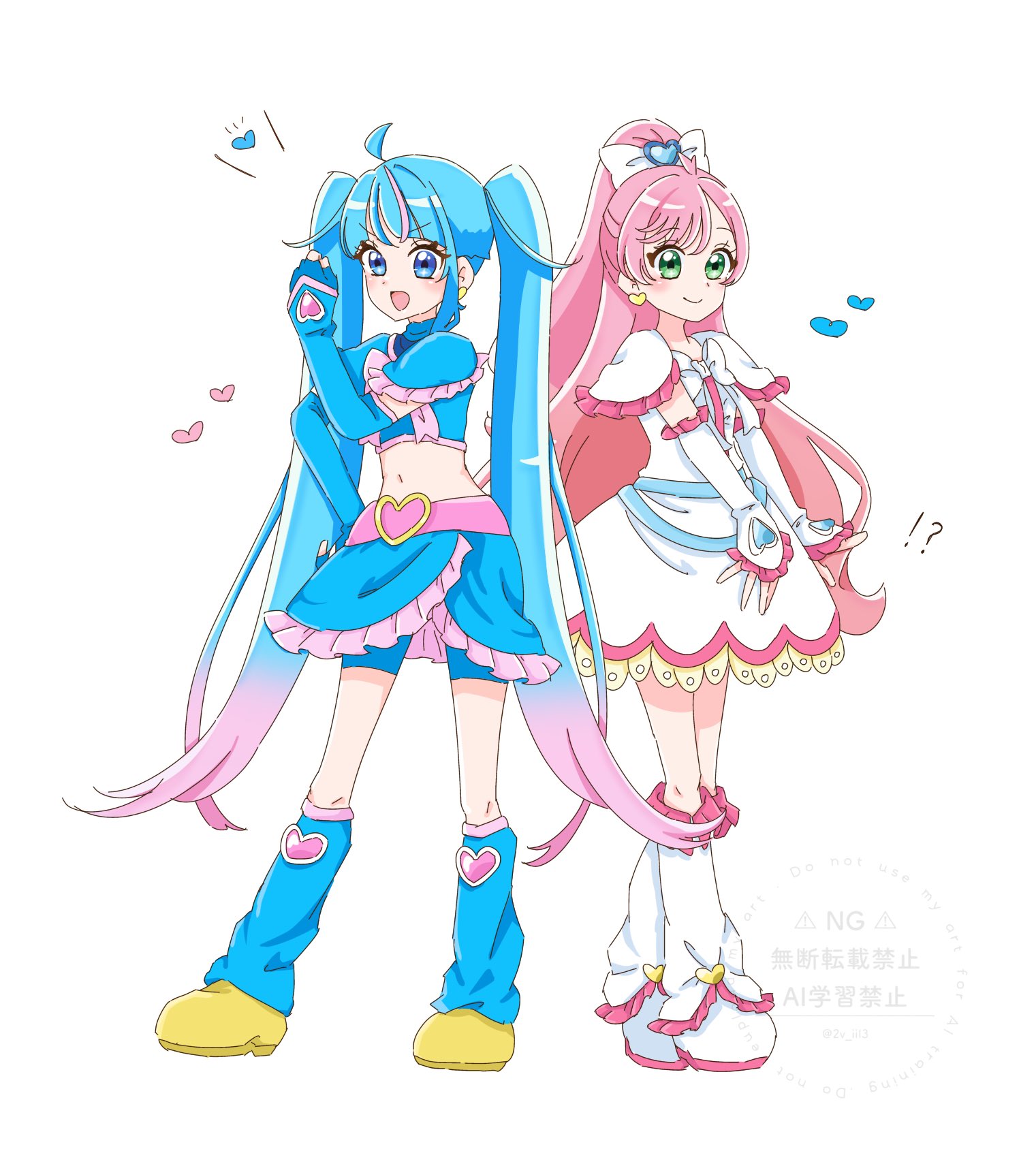 2v iil3, cure black, cure prism, cure sky, cure white, nijigaoka mashiro, sora harewataru, futari wa precure, hirogaru sky! precure, precure, commentary, highres, !?, 2girls, :d, ahoge, arm warmers, asymmetrical bangs, belt, bike shorts, bike shorts under skirt, blue arm warmers, blue gloves, blue leg warmers, blue shorts, blue skirt, bow, buckle, chest bow, clenched hand, closed mouth, cosplay, crop top, cure black (cosplay), cure white (cosplay), cut bangs, dress, earrings, fingerless gloves, frilled arm warmers, frilled dress, frilled skirt, frilled sleeves, frills, full body, gloves, gradient hair, green eyes, hair bow, hair ornament, half updo, hand up, heart, heart ahoge, heart earrings, heart hair ornament, high ponytail, in-franchise crossover, jewelry, leg warmers, long hair, looking at viewer, magical girl, midriff, multicolored hair, multiple girls, navel, notice lines, open mouth, pink belt, pink hair, ponytail, shoes, short dress, short sleeves, shorts, side-by-side, simple background, single hair streak, single sidelock, skirt, smile, standing, streaked hair, swept bangs, twintails, two-tone hair, very long hair, watermark, white arm warmers, white background, white bow, white dress, white leg warmers, white shoes, yellow shoes