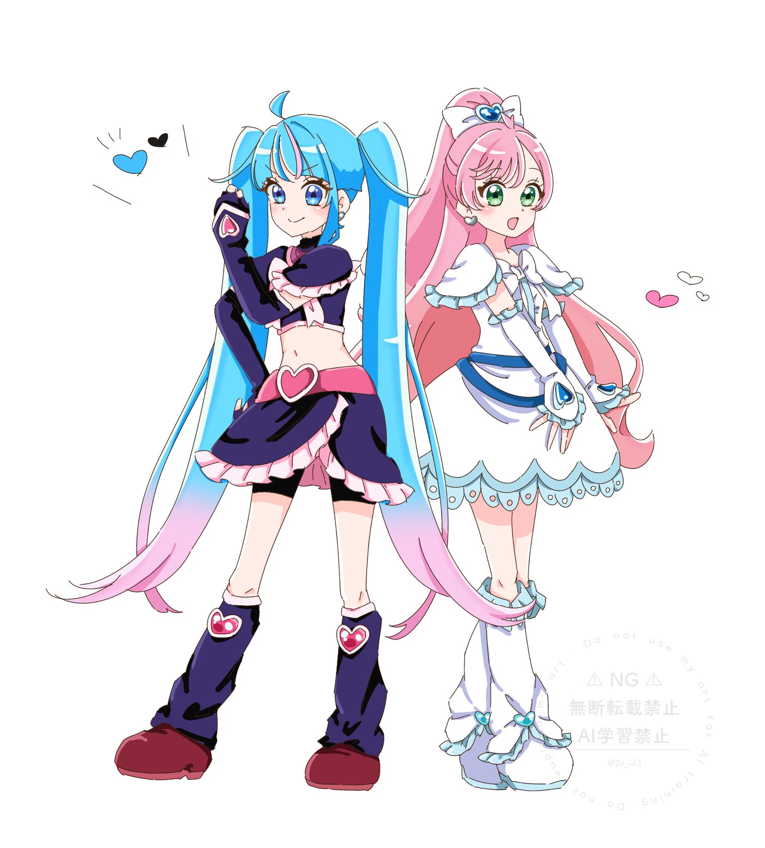 2v iil3, cure black, cure prism, cure sky, cure white, nijigaoka mashiro, sora harewataru, futari wa precure, hirogaru sky! precure, precure, commentary, highres, 2girls, :d, ahoge, arm warmers, asymmetrical bangs, belt, bike shorts, bike shorts under skirt, black arm warmers, black gloves, black leg warmers, black shorts, black skirt, bow, buckle, chest bow, clenched hand, closed mouth, cosplay, crop top, cure black (cosplay), cure white (cosplay), cut bangs, dress, earrings, fingerless gloves, frilled arm warmers, frilled dress, frilled skirt, frilled sleeves, frills, full body, gloves, gradient hair, green eyes, hair bow, hair ornament, half updo, hand up, heart, heart ahoge, heart earrings, heart hair ornament, high ponytail, in-franchise crossover, jewelry, leg warmers, long hair, looking at viewer, magical girl, midriff, multicolored hair, multiple girls, navel, notice lines, open mouth, pink belt, pink hair, pink shoes, ponytail, shoes, short dress, short sleeves, shorts, side-by-side, simple background, single hair streak, single sidelock, skirt, smile, standing, streaked hair, swept bangs, twintails, two-tone hair, very long hair, watermark, white arm warmers, white background, white bow, white dress, white leg warmers, white shoes