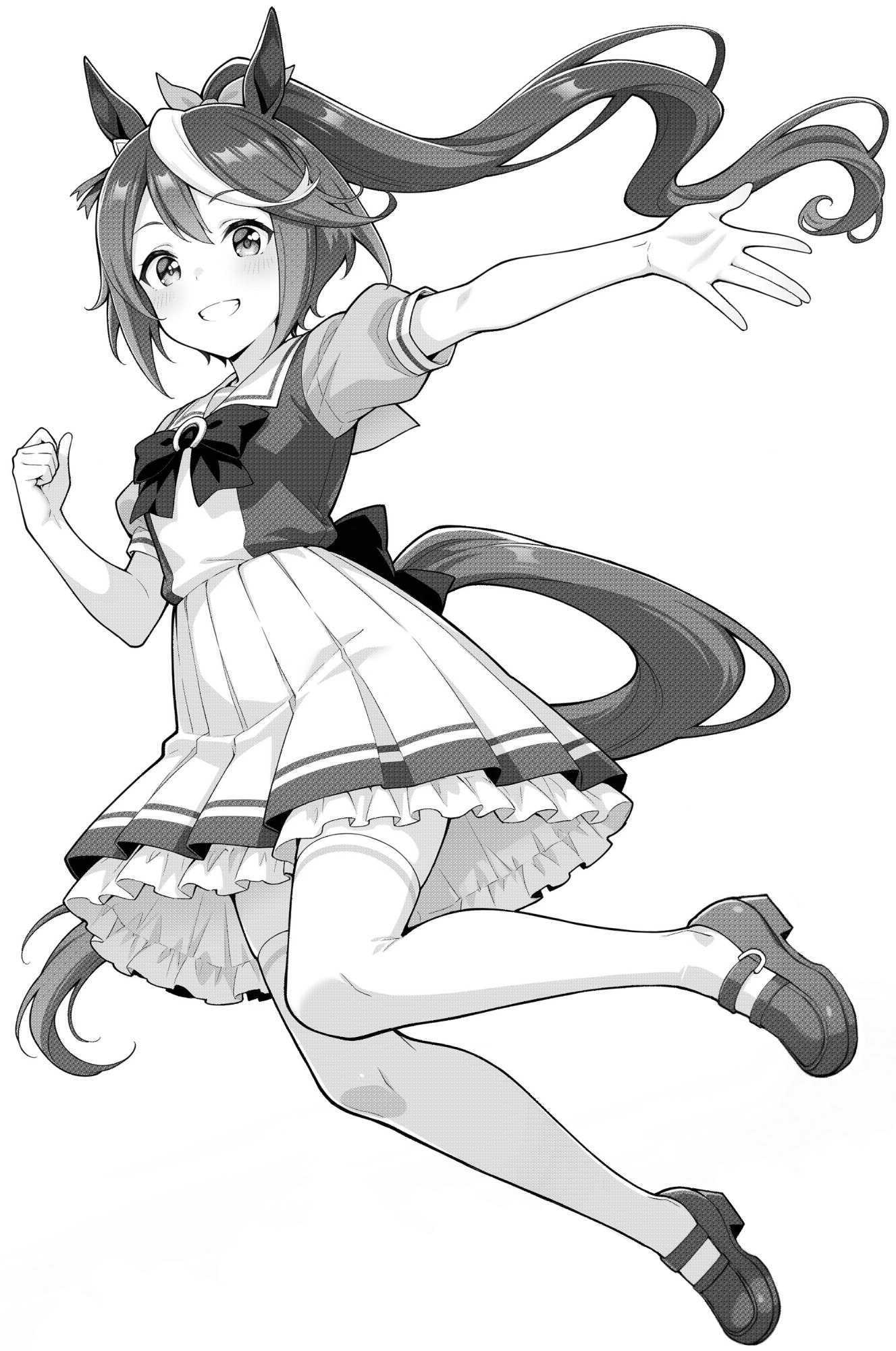 akagi koku, tokai teio (umamusume), umamusume, highres, 1girl, animal ears, blush, bow, clenched hand, greyscale, grin, horse ears, horse girl, horse tail, long hair, looking at viewer, monochrome, pleated skirt, ponytail, sailor collar, shirt, shoes, short sleeves, skirt, smile, solo, tail, thighhighs, zettai ryouiki