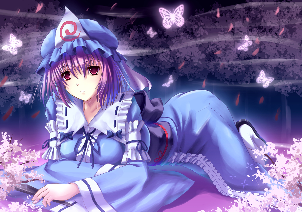 eien, nagatsuki towa, saigyouji yuyuko, touhou, bad id, bad pixiv id, 1girl, cherry blossoms, female focus, hat, japanese clothes, kimono, pink hair, short hair, solo