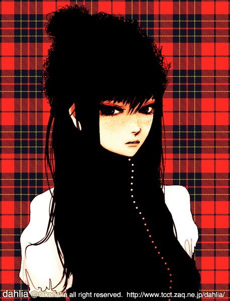 takenaka, 1girl, black eyes, black hair, brown eyes, female focus, freckles, hat, long hair, looking at viewer, plaid background, solo, upper body, watermark, web address