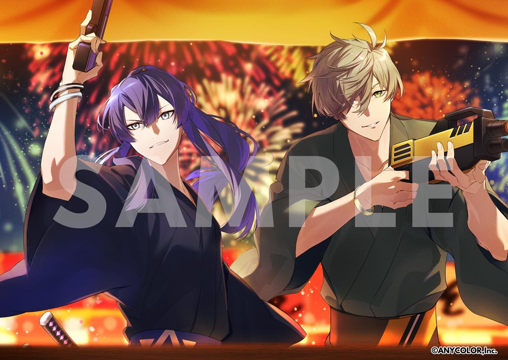 xia (ryugo), genzuki toujirou, oliver evans, nijisanji, official art, 2boys, aerial fireworks, alternate costume, arm at side, black kimono, bracelet, brown hair, brown sash, center-flap bangs, copyright notice, cork gun, fireworks, green eyes, green kimono, grey eyes, hair between eyes, hair over one eye, hand up, holding toy gun, japanese clothes, jewelry, katana, kimono, long hair, long sleeves, looking at viewer, male focus, mole, mole under eye, multiple boys, night, one eye covered, parted lips, ponytail, purple hair, purple sash, sample watermark, sash, shooting gallery, short hair, side-by-side, smile, summer festival, sword, toy gun, trigger discipline, v-shaped eyebrows, virtual youtuber, waist sash, watermark, weapon, yukata