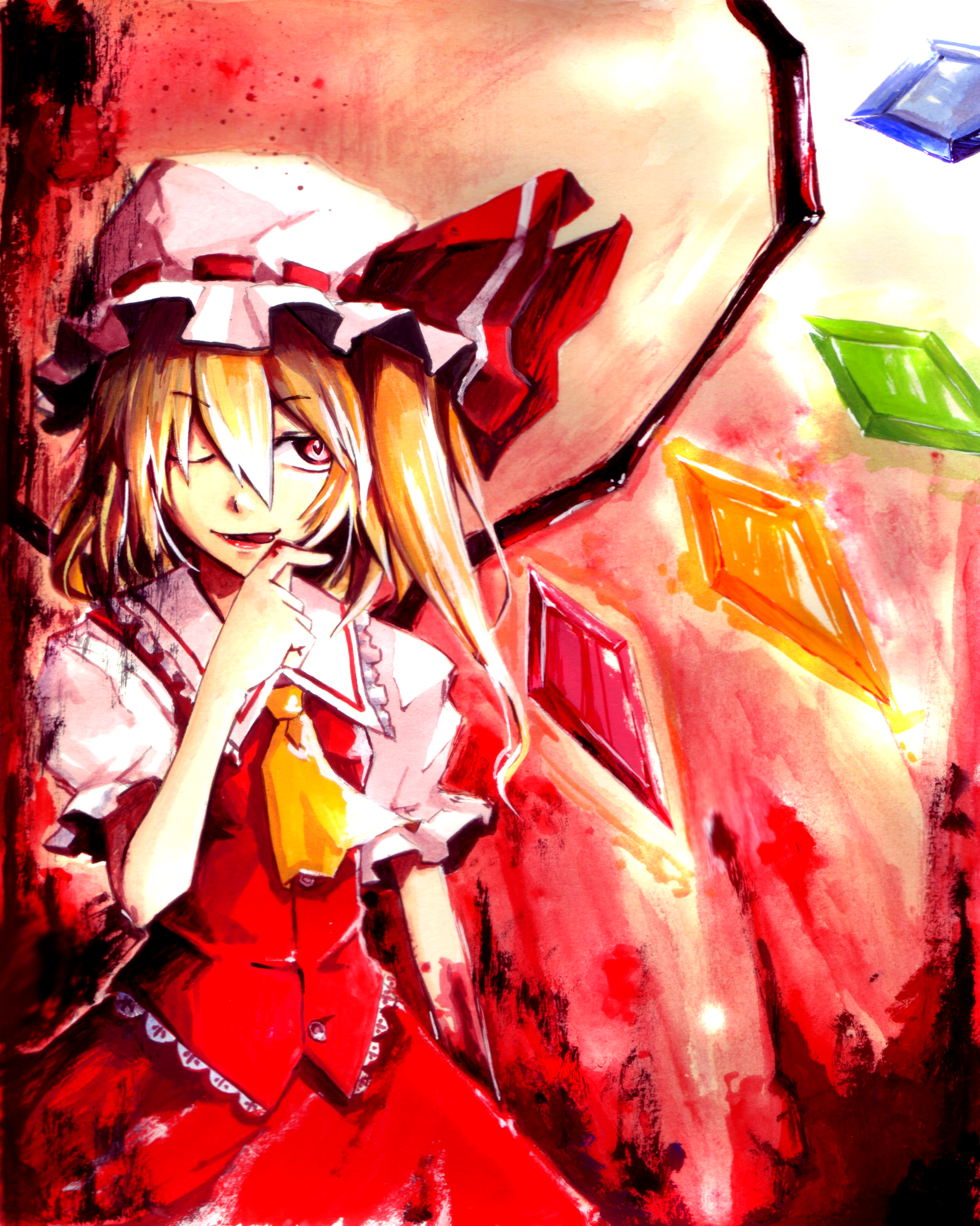 holysnow, flandre scarlet, touhou, absurdres, highres, 1girl, blonde hair, blood, blouse, collared shirt, fang, female focus, hair between eyes, hat, licking, mob cap, one eye closed, red eyes, shirt, solo, white hat, white shirt, wings, wink