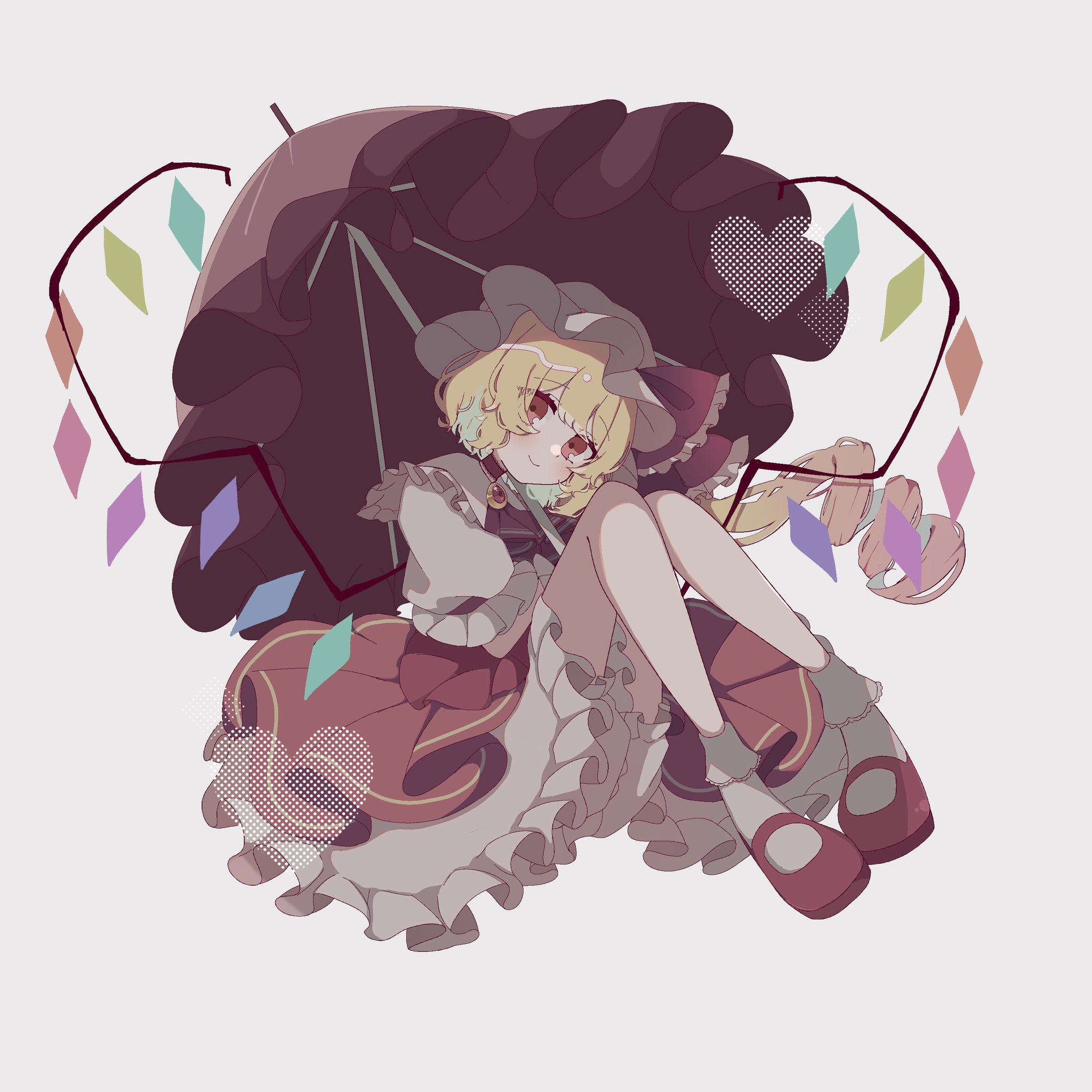mint onyo, flandre scarlet, touhou, highres, 1girl, blonde hair, crystal, crystal wings, full body, hat, hat ribbon, heart, holding, holding umbrella, light smile, mob cap, multicolored wings, one side up, red eyes, red shoes, red skirt, red vest, ribbon, shoes, side ponytail, sitting, skirt, skirt set, smile, solo, stocks, umbrella, vest, white hat, wings