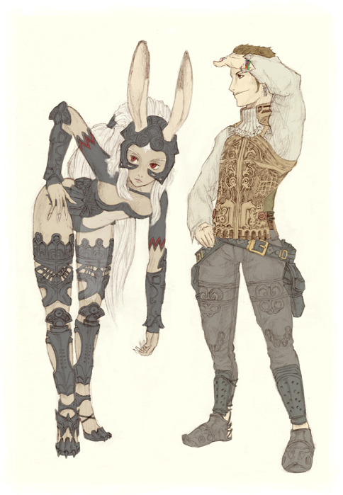 balflear, fran (ff12), final fantasy, final fantasy xii, ivalice alliance, 00s, 1boy, 1girl, animal ears, armor, belt, bent over, bracelet, earrings, high heels, jewelry, leather, leather pants, pants, rabbit ears, revealing clothes, ring, shoes, simple background, vest, viera